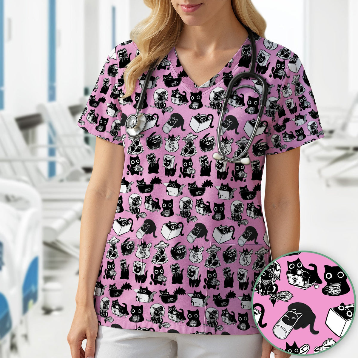 Black Cat Halloween Doodle Pattern Scrub Top, Comfortable Scrubs for Nurses