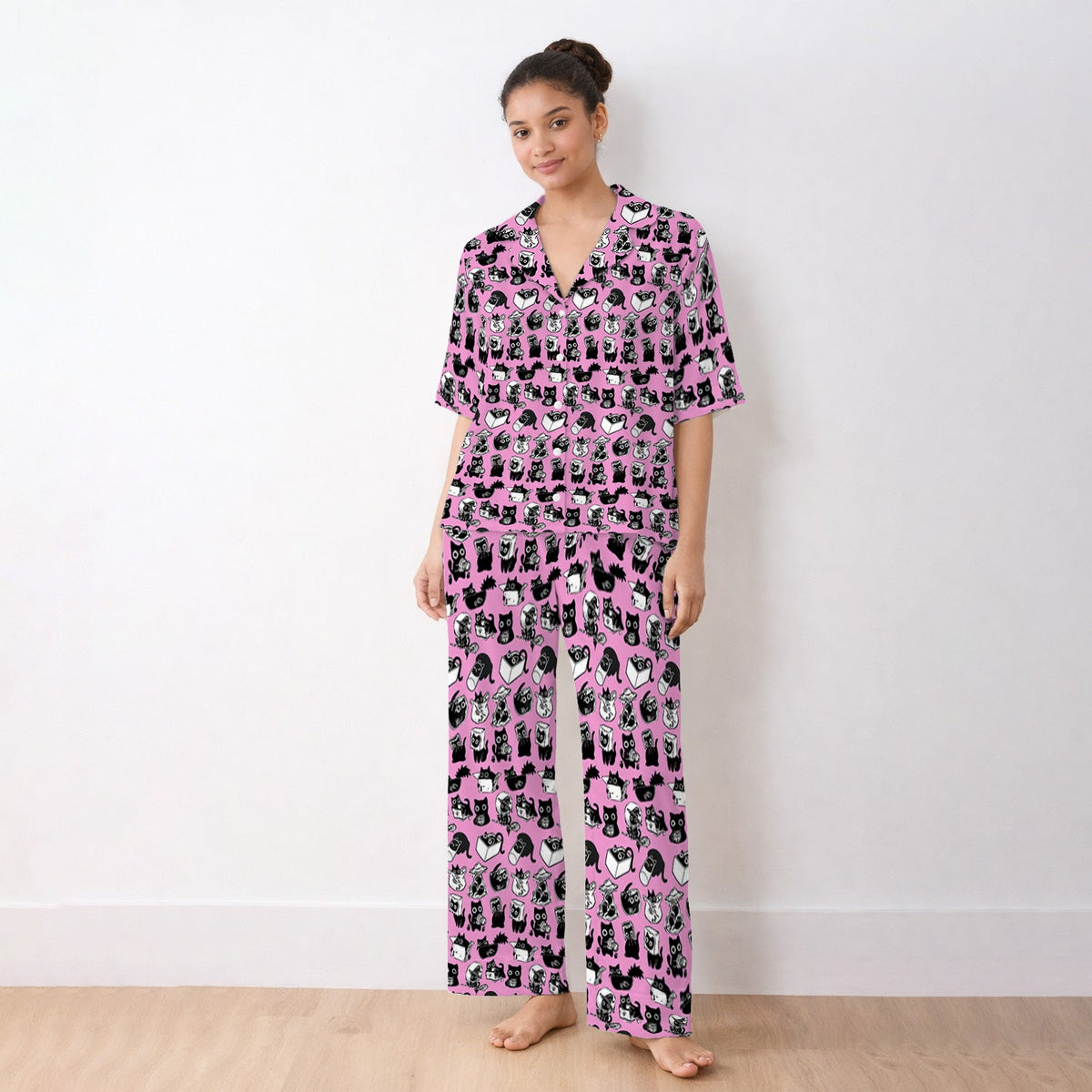 Black Cat Halloween Doodle Pajama Set