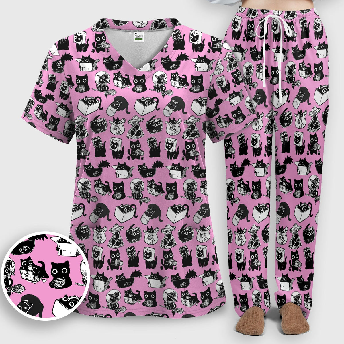 Black Cat Halloween Doodle Nurse Scrub Set