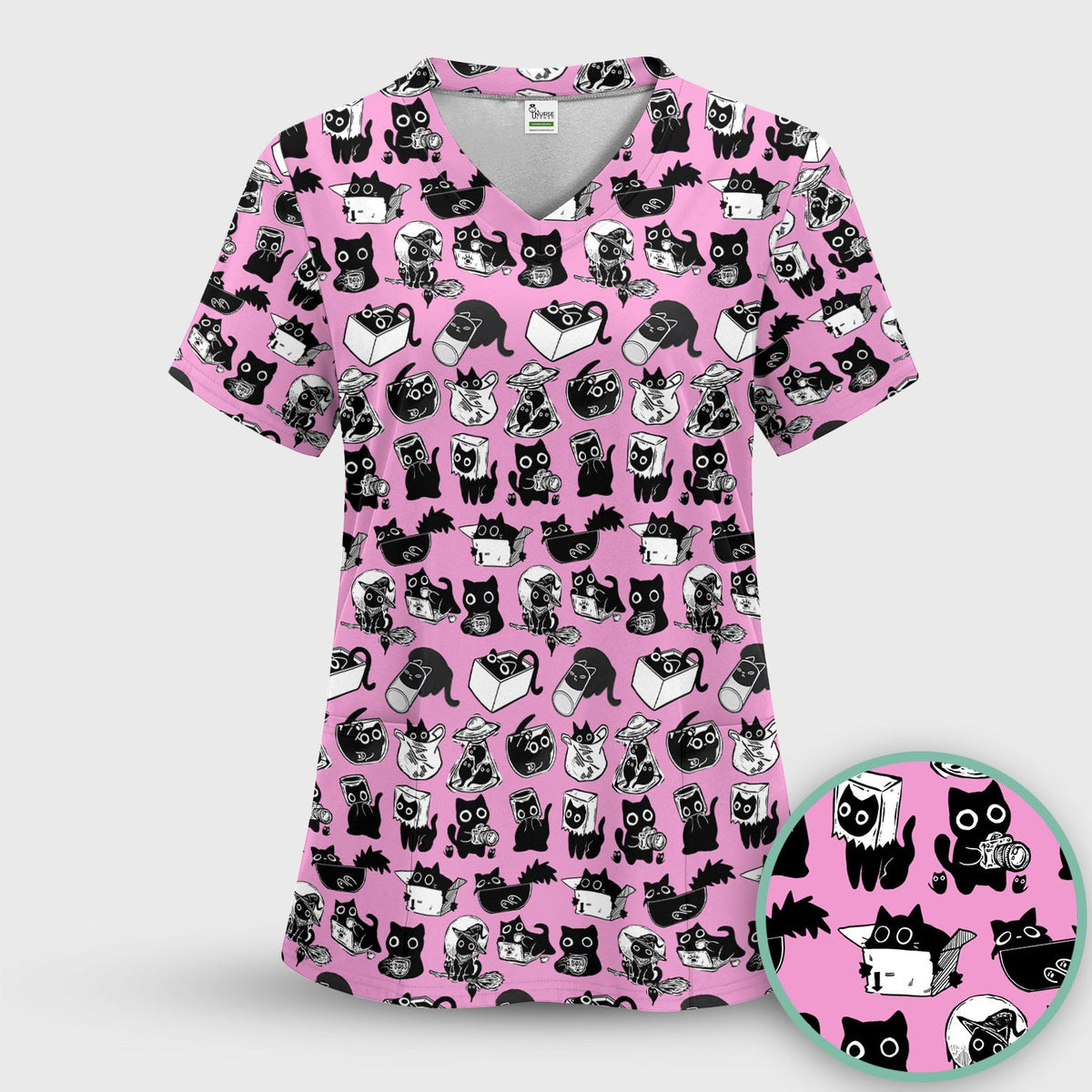 Black Cat Halloween Doodle Pattern Scrub Top, Comfortable Scrubs for Nurses