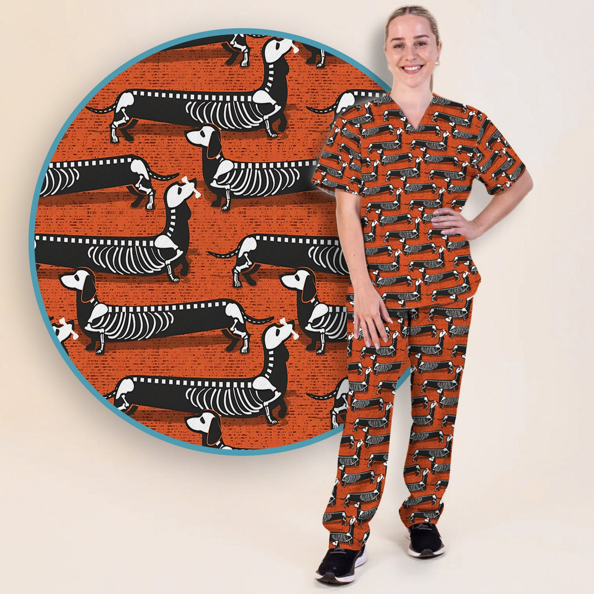 X-Ray Dachshund Skeleton Scrub Set, Scrub Pants and V Neck Top