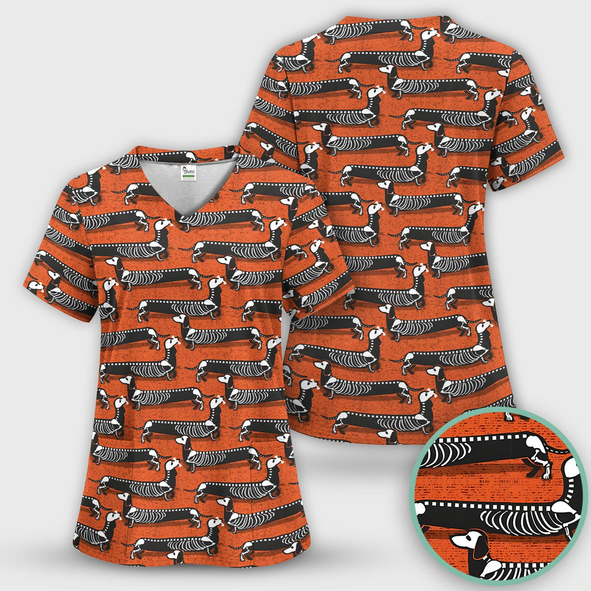 X-Ray Dachshund Skeleton Scrub Set, Scrub Pants and V Neck Top