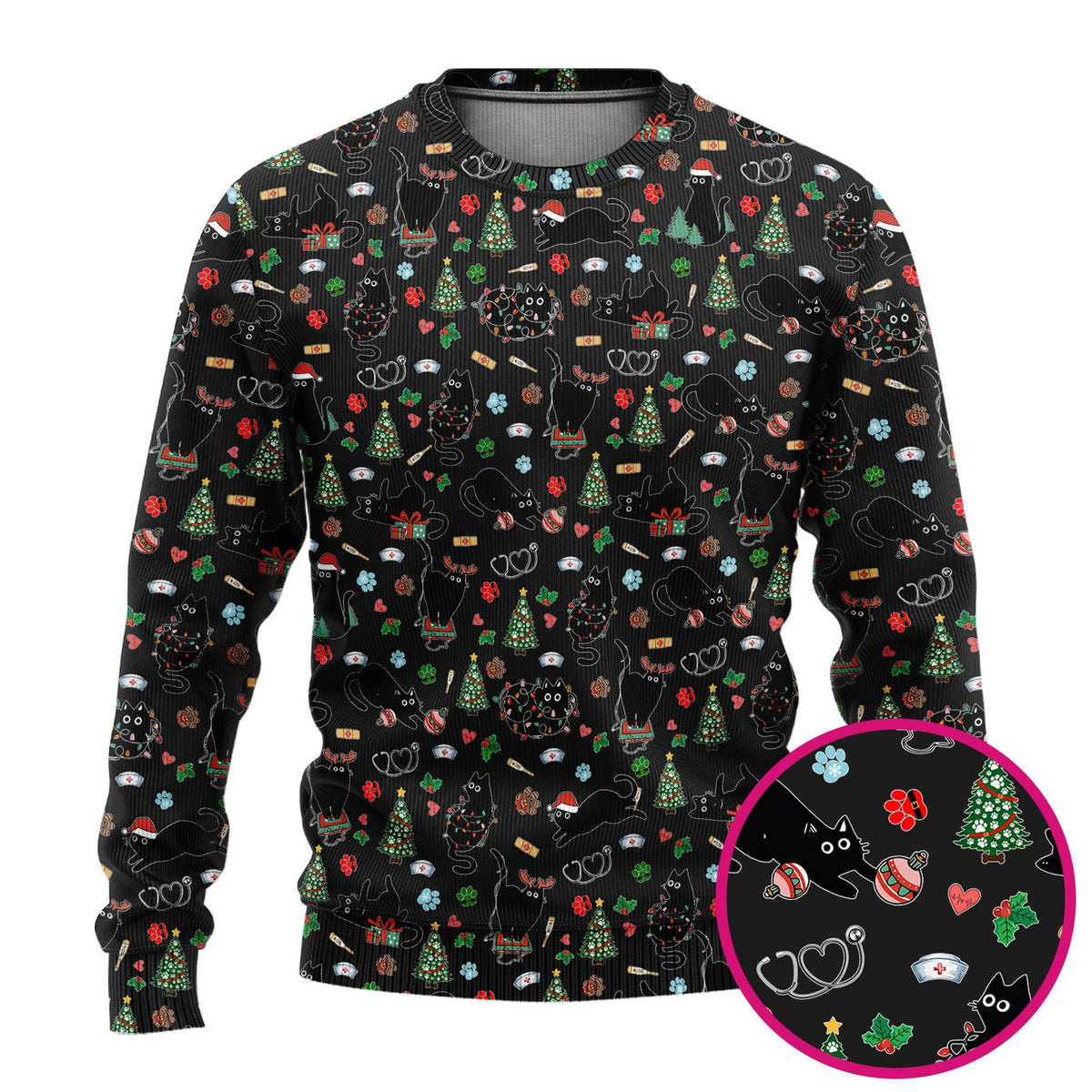 Black Cat Christmas Nurse Scrub Set, Festive Kitty Medical Uniform for Women