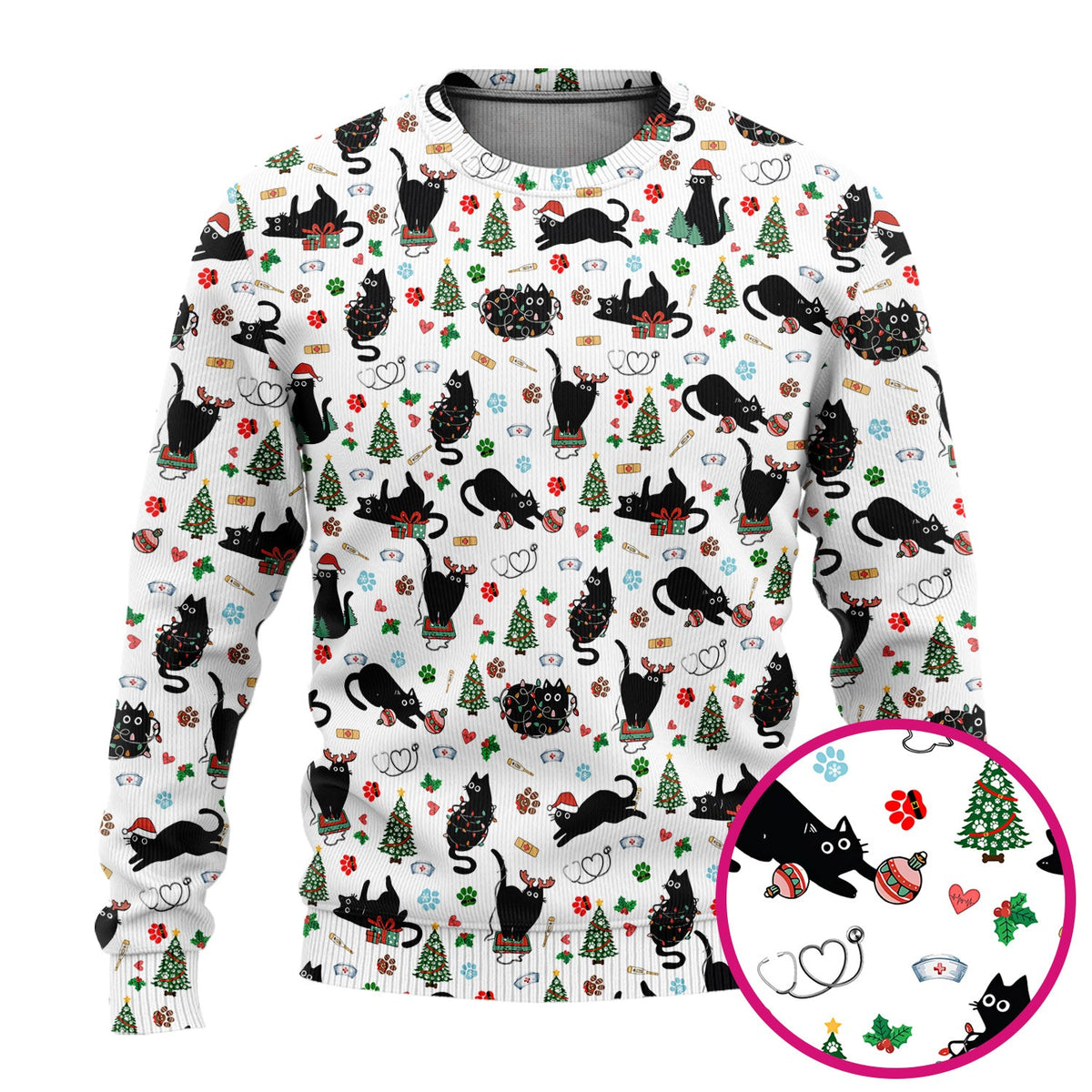 Black Cat Christmas Nurse Scrub Set, Festive Kitty Medical Uniform for Women