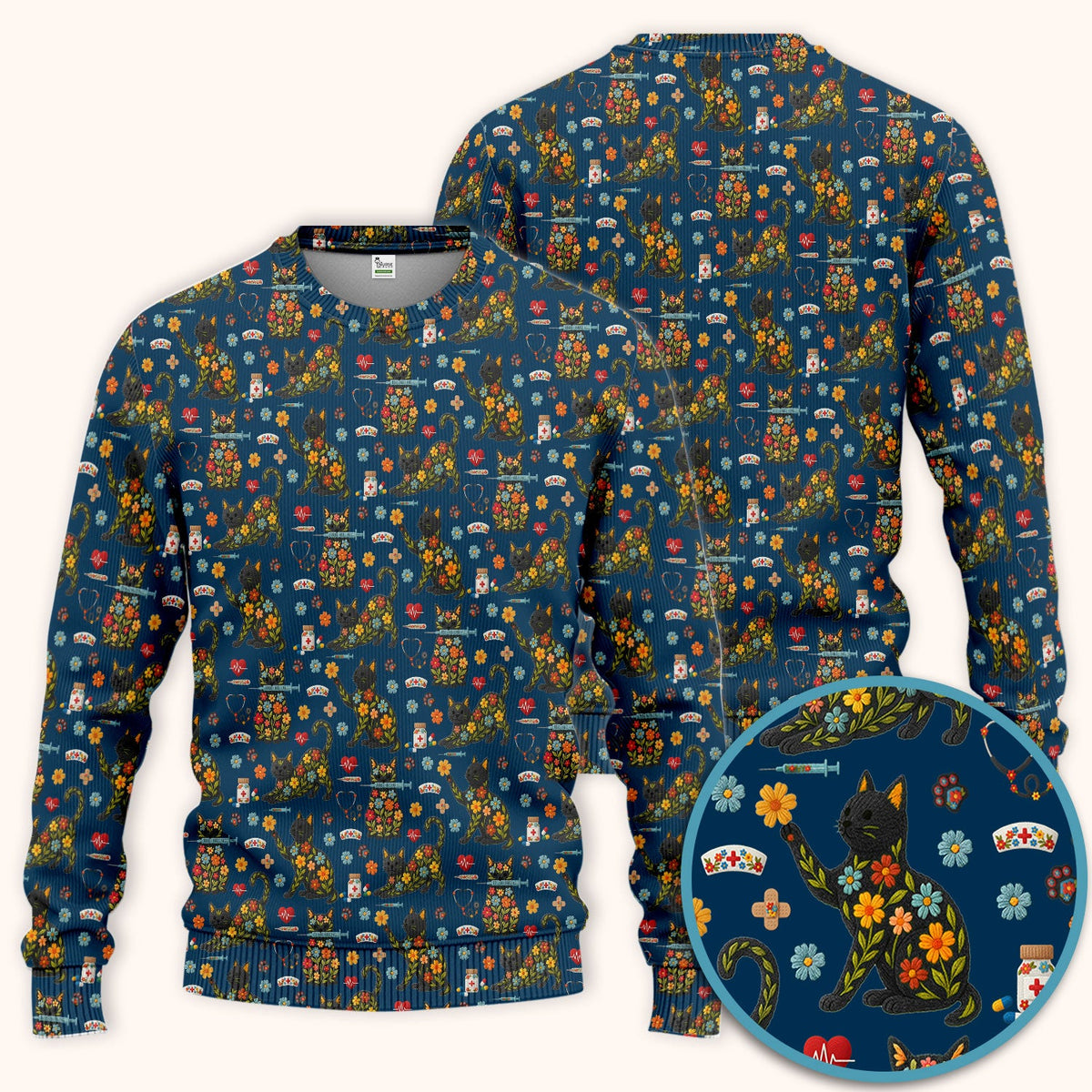 Floral Black Cat Nurse Scrub Set