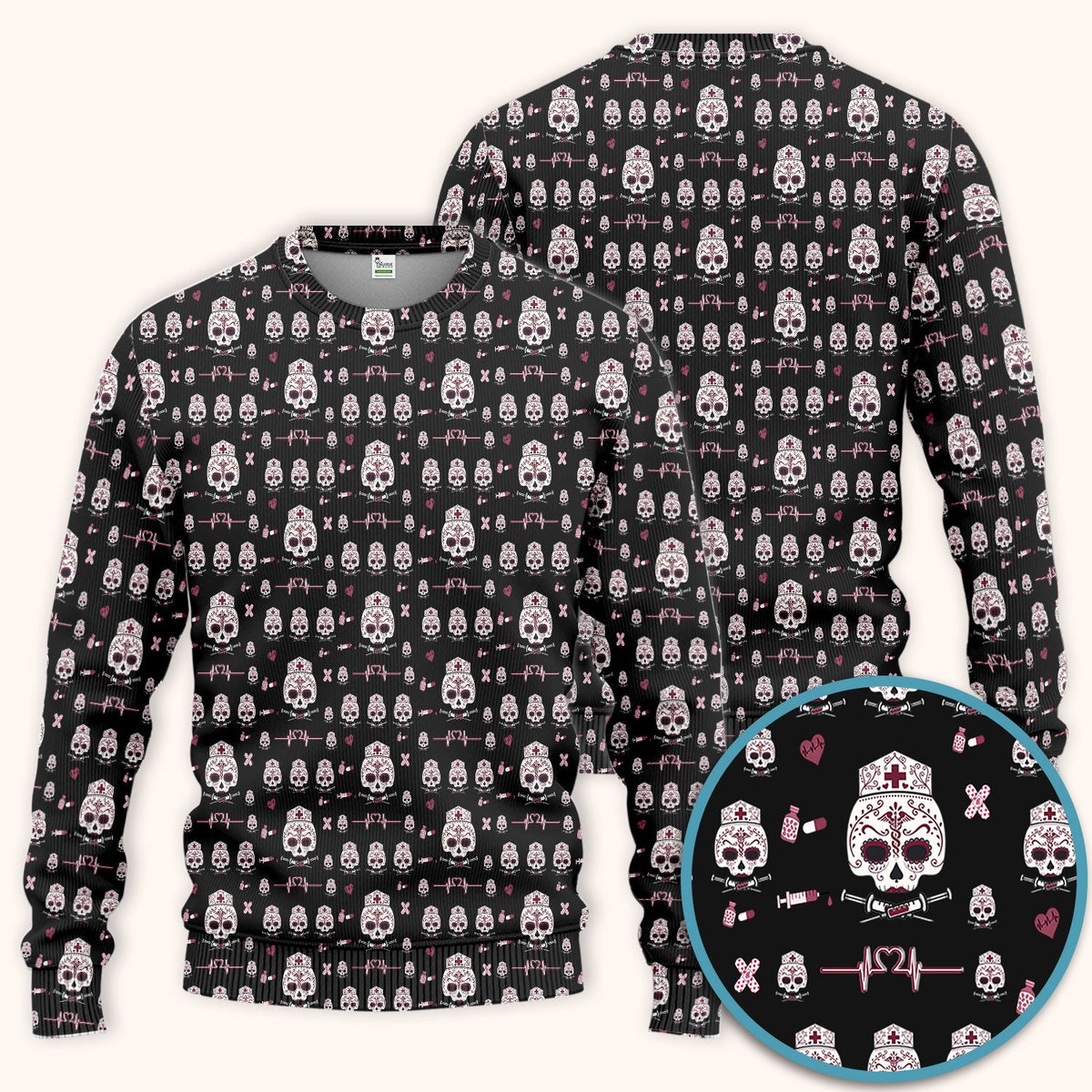Sugar Skull Scrub Set, Skull Pattern Scrub Shirt, Breathable Fabrics Nursing Uniform