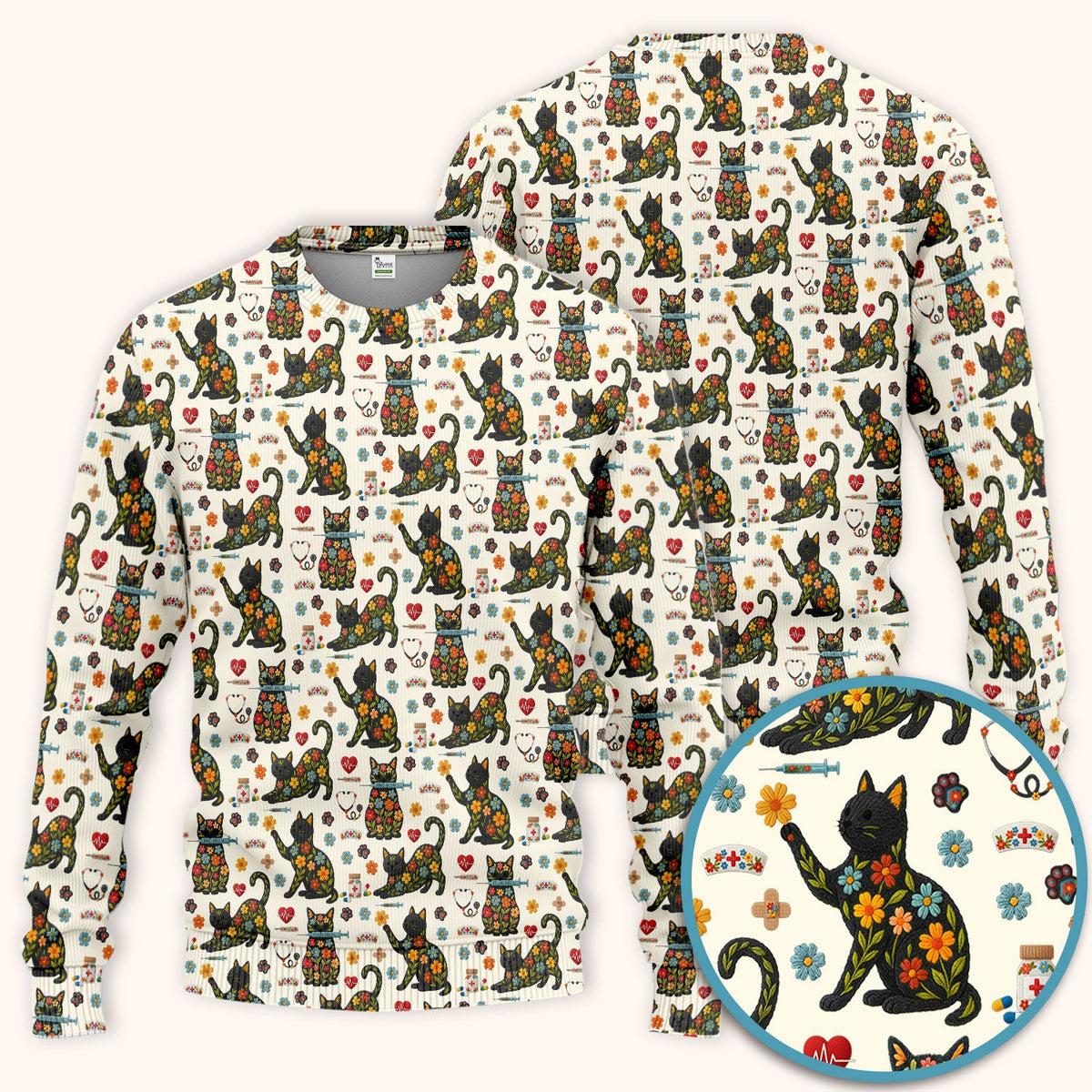 Floral Black Cat Nurse Scrub Set