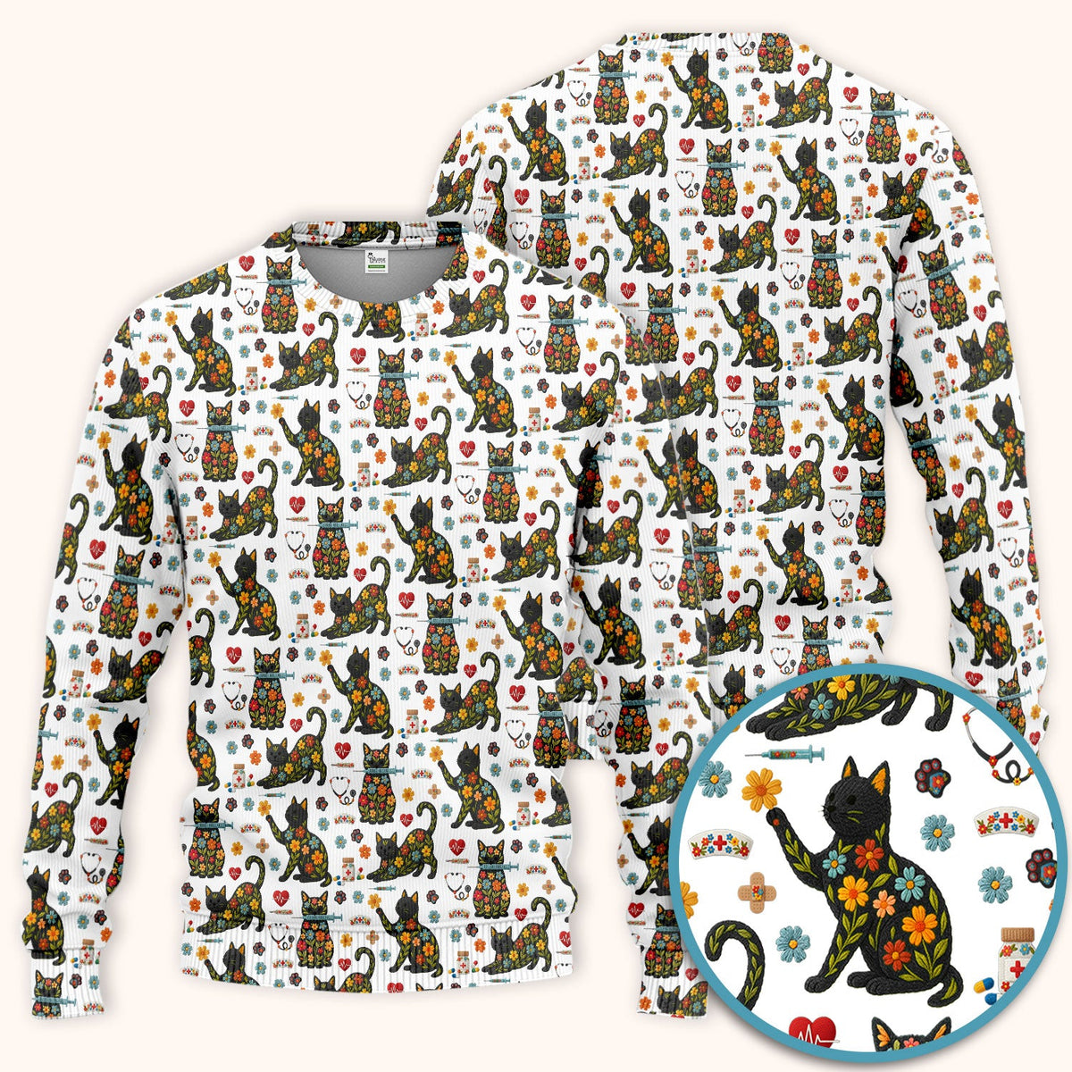 Floral Black Cat Nurse Scrub Set