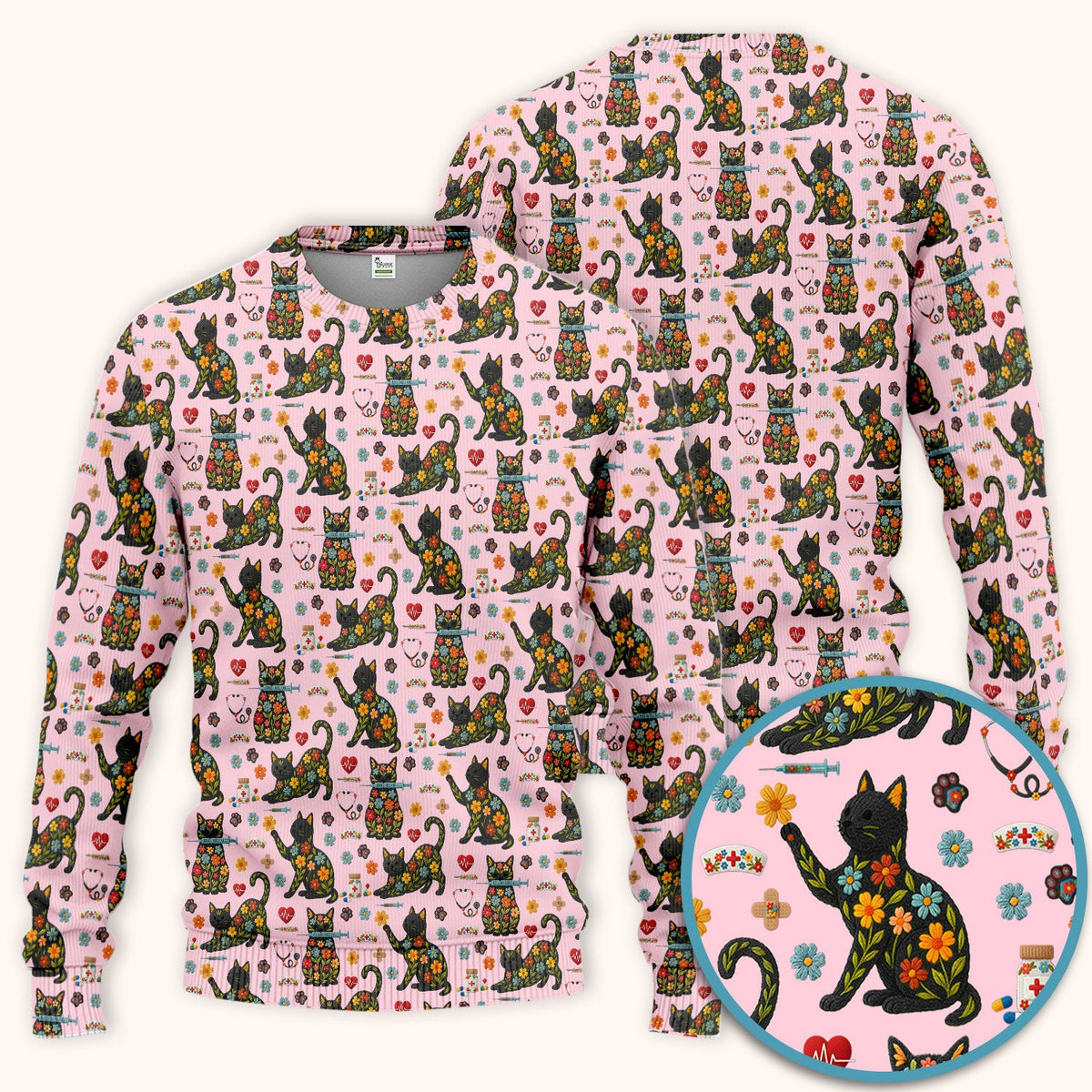 Floral Black Cat Nurse Scrub Set