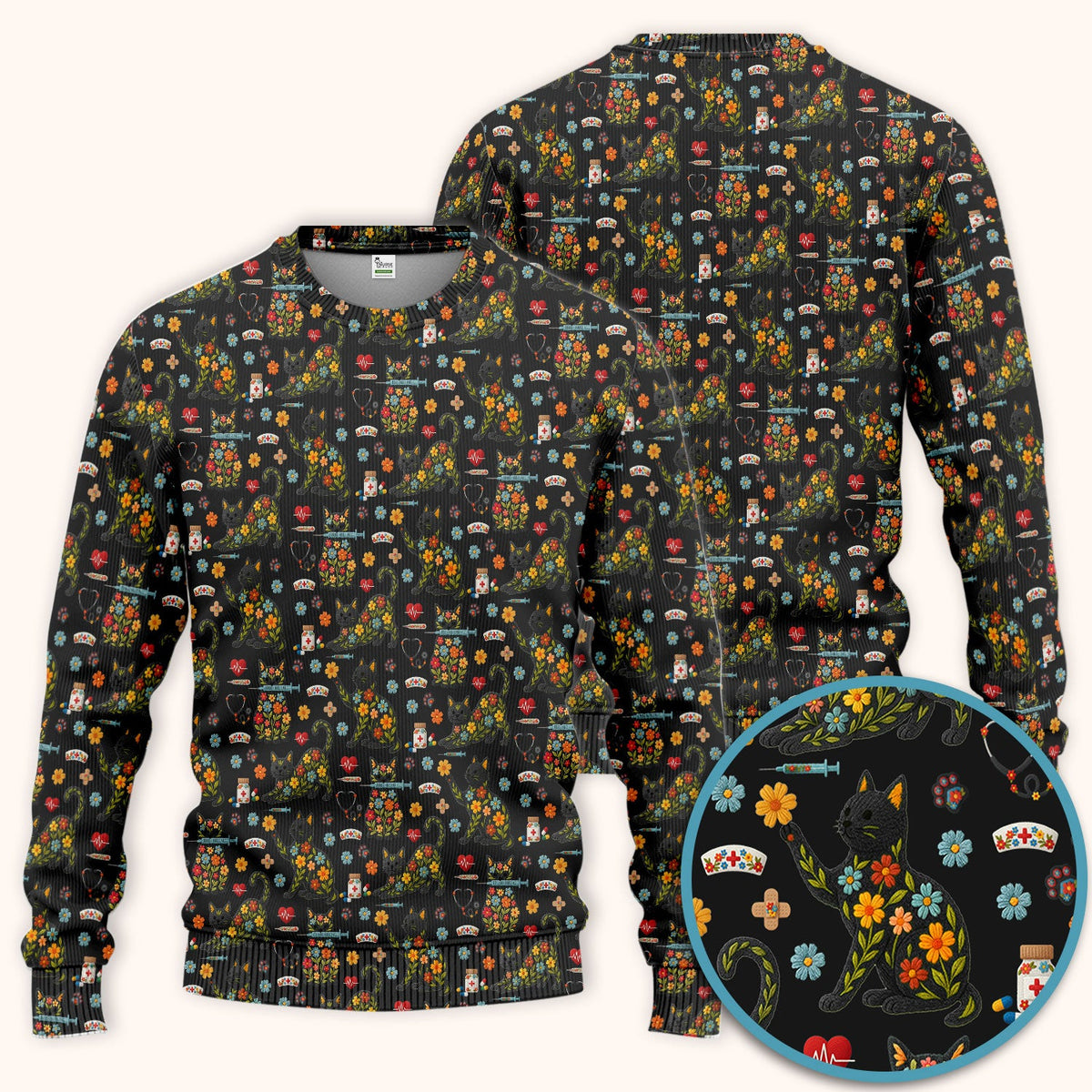 Floral Black Cat Nurse Scrub Set