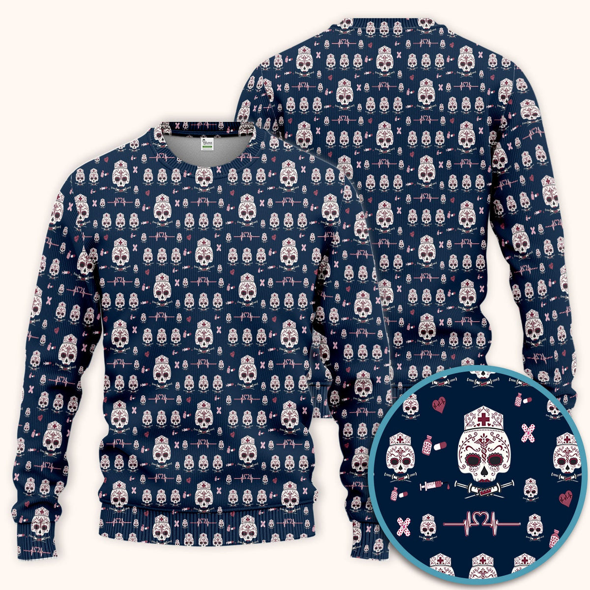Sugar Skull Scrub Set, Skull Pattern Scrub Shirt, Breathable Fabrics Nursing Uniform
