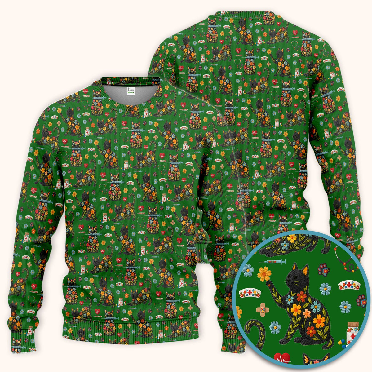 Floral Black Cat Nurse Scrub Set