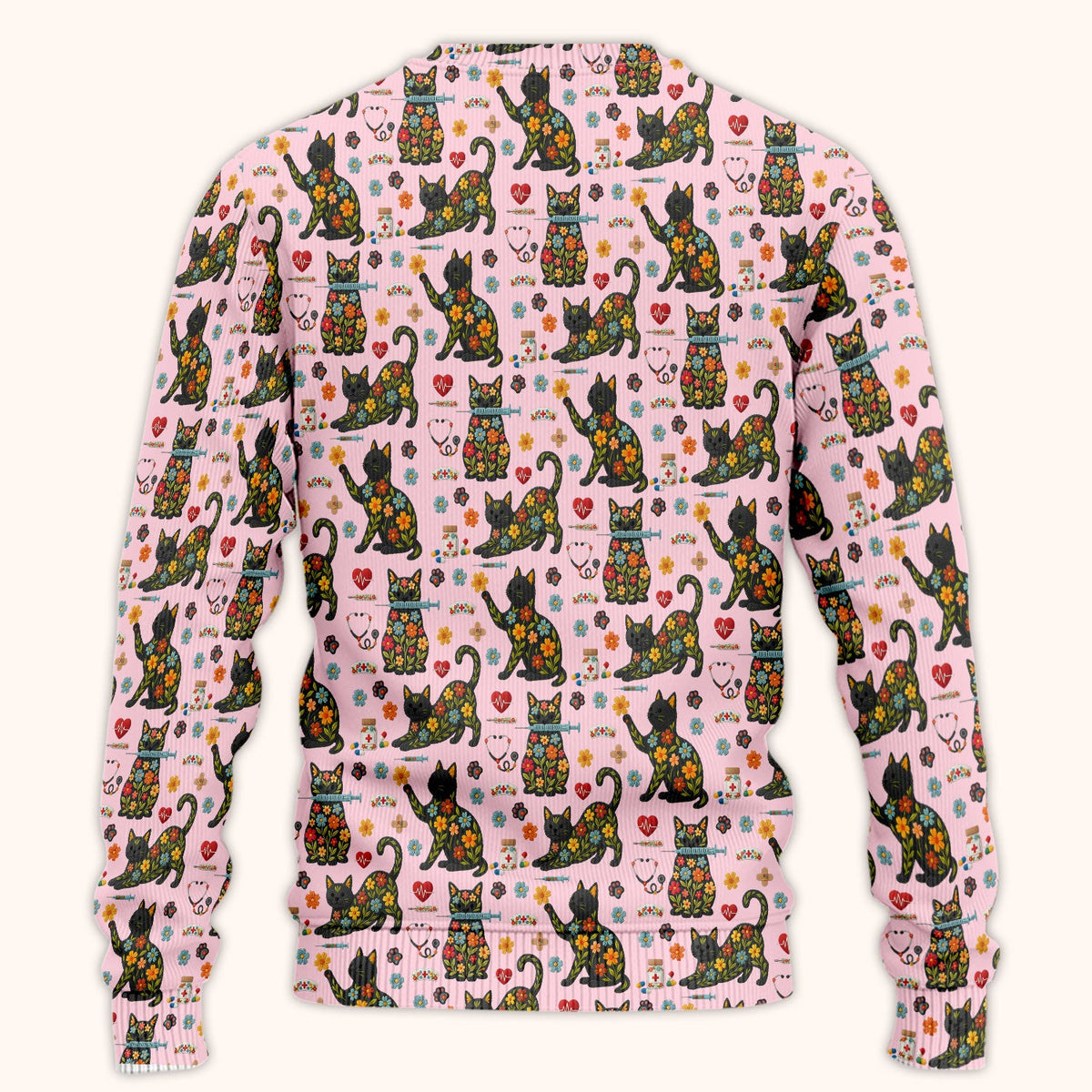 Floral Black Cat Nurse Scrub Set