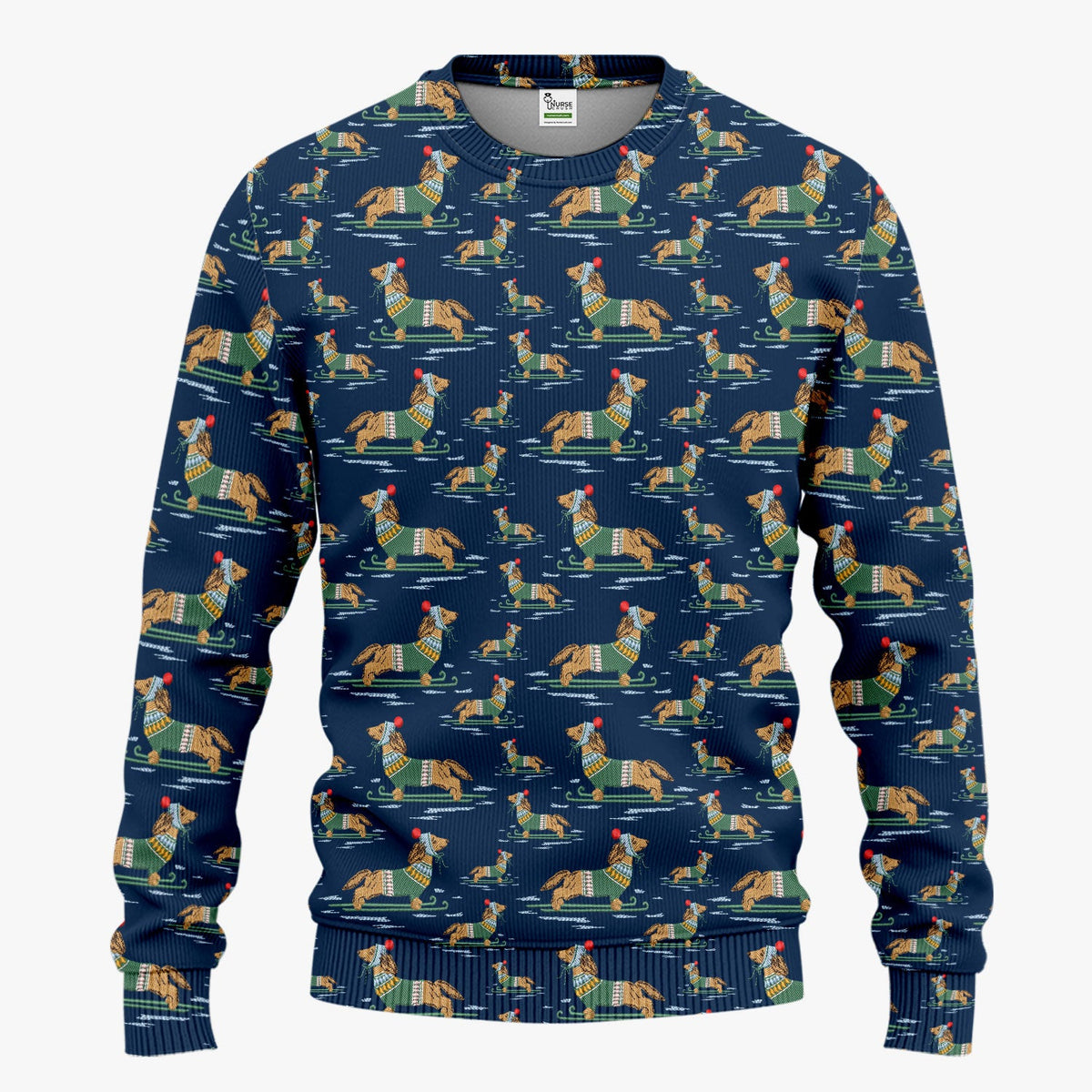 Dachshund Nurse Scrub Set, Wiener Dog Winter Pattern Shirt, Breathable Fabrics Nursing Uniform