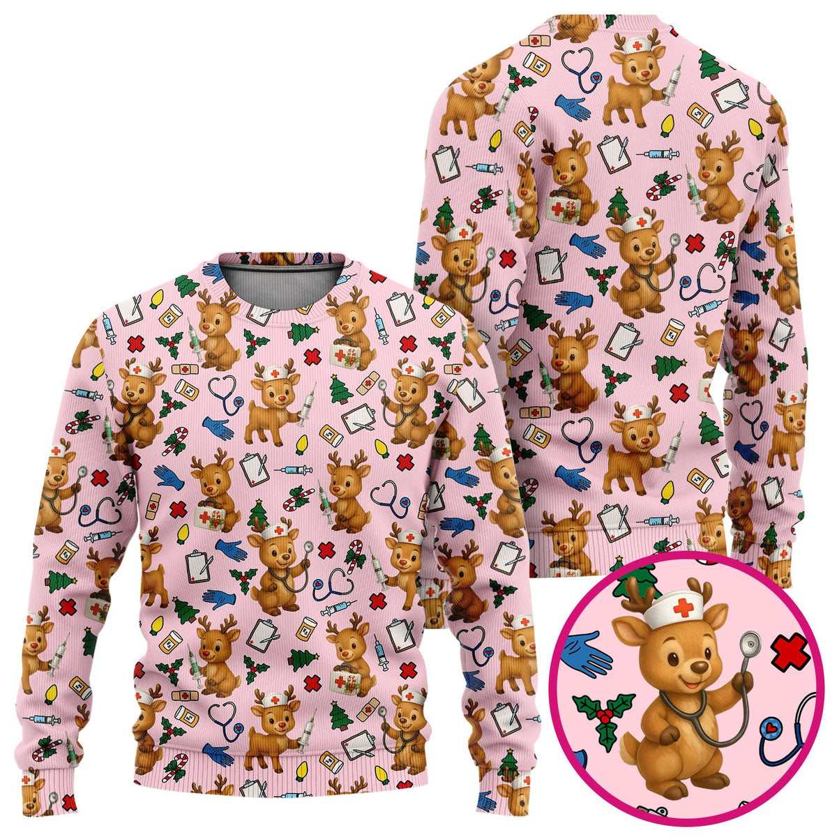 Christmas Scrub Tops and Pants - Reindeer Pattern Nurse Scrub Set - Cute Holiday Medical Print Scrubs for Women RN LPN CNA