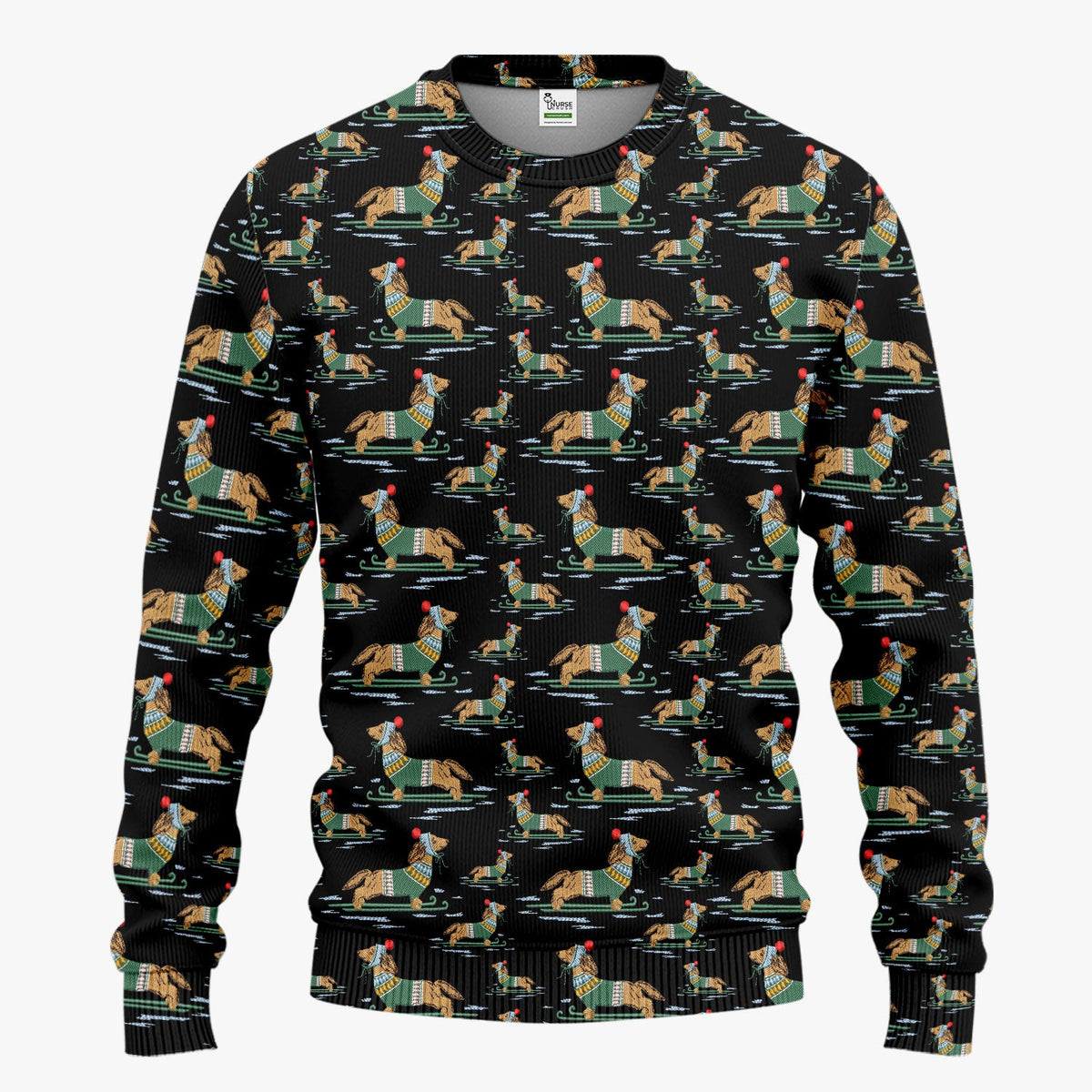 Dachshund Nurse Scrub Set, Wiener Dog Winter Pattern Shirt, Breathable Fabrics Nursing Uniform