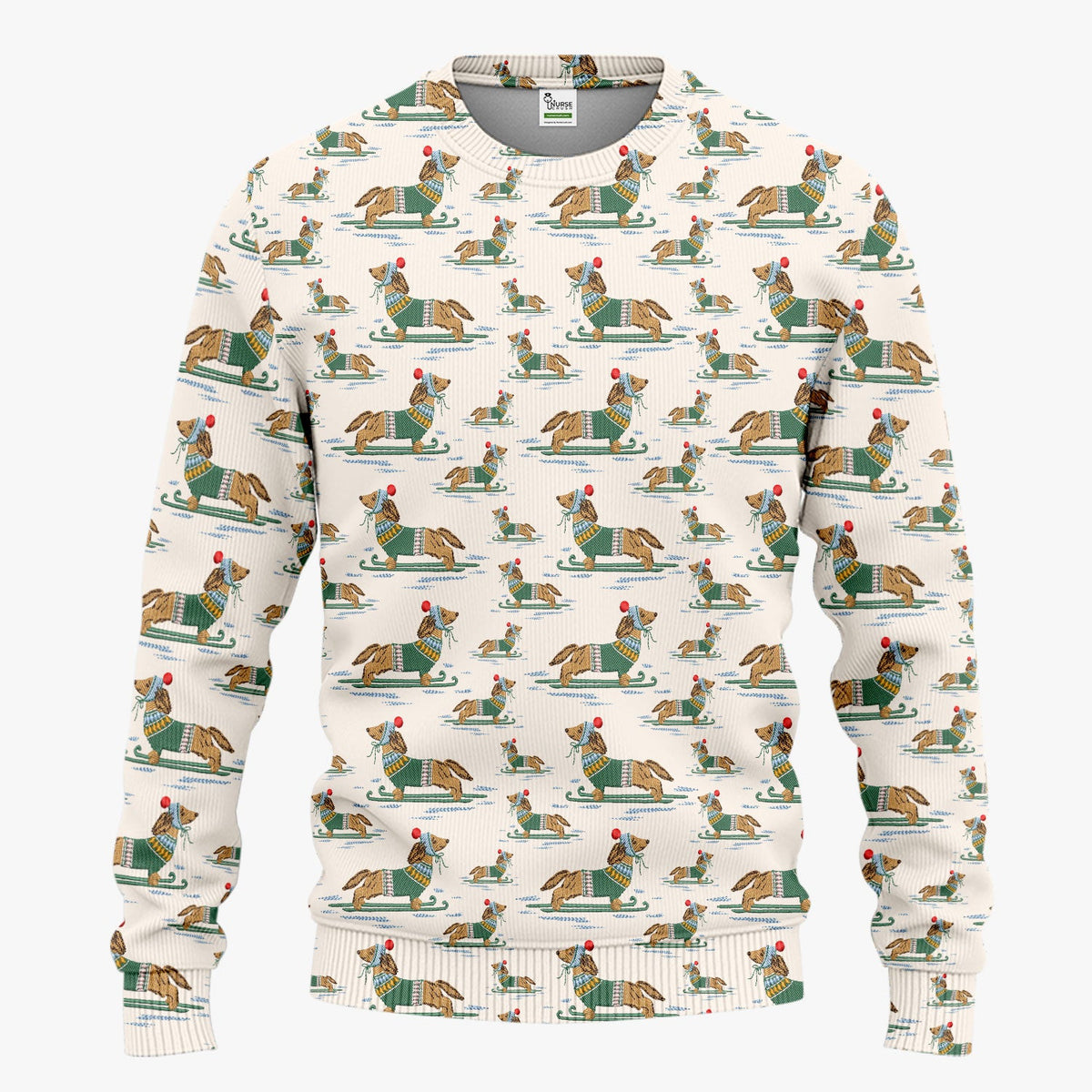Dachshund Nurse Scrub Set, Wiener Dog Winter Pattern Shirt, Breathable Fabrics Nursing Uniform