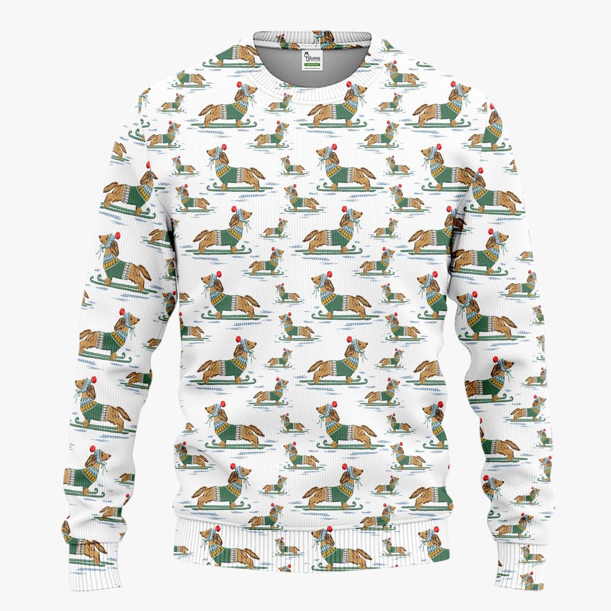 Dachshund Nurse Scrub Set, Wiener Dog Winter Pattern Shirt, Breathable Fabrics Nursing Uniform