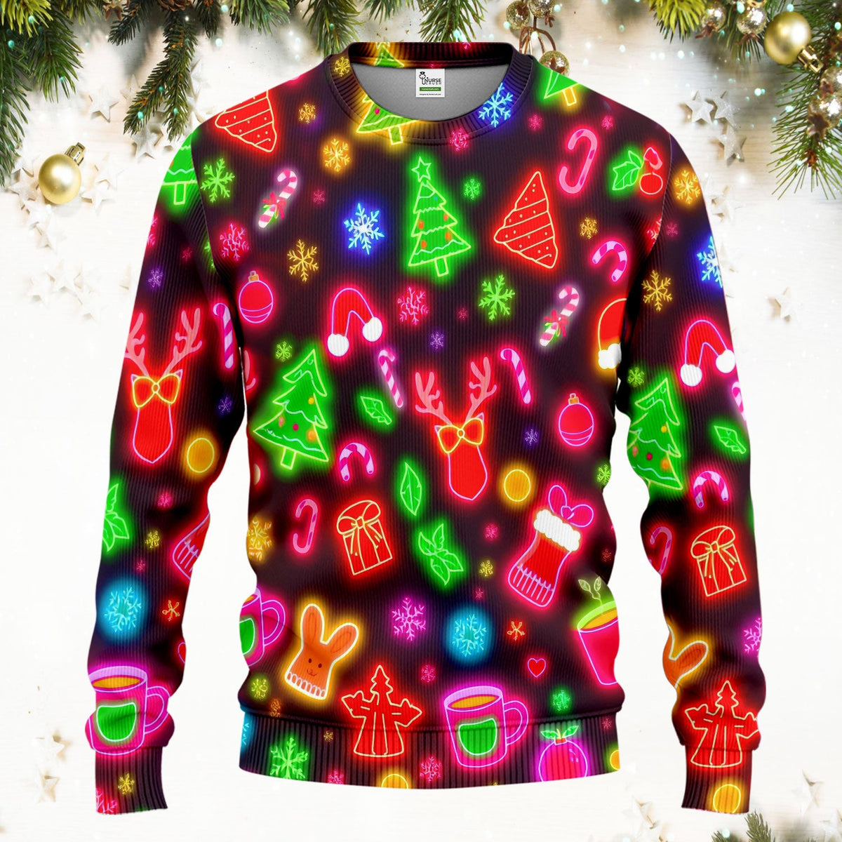 Reindeer Neon Xmas Scrub Set, Christmas Pattern Scrub Shirt,  Breathable Fabrics Nursing Uniform