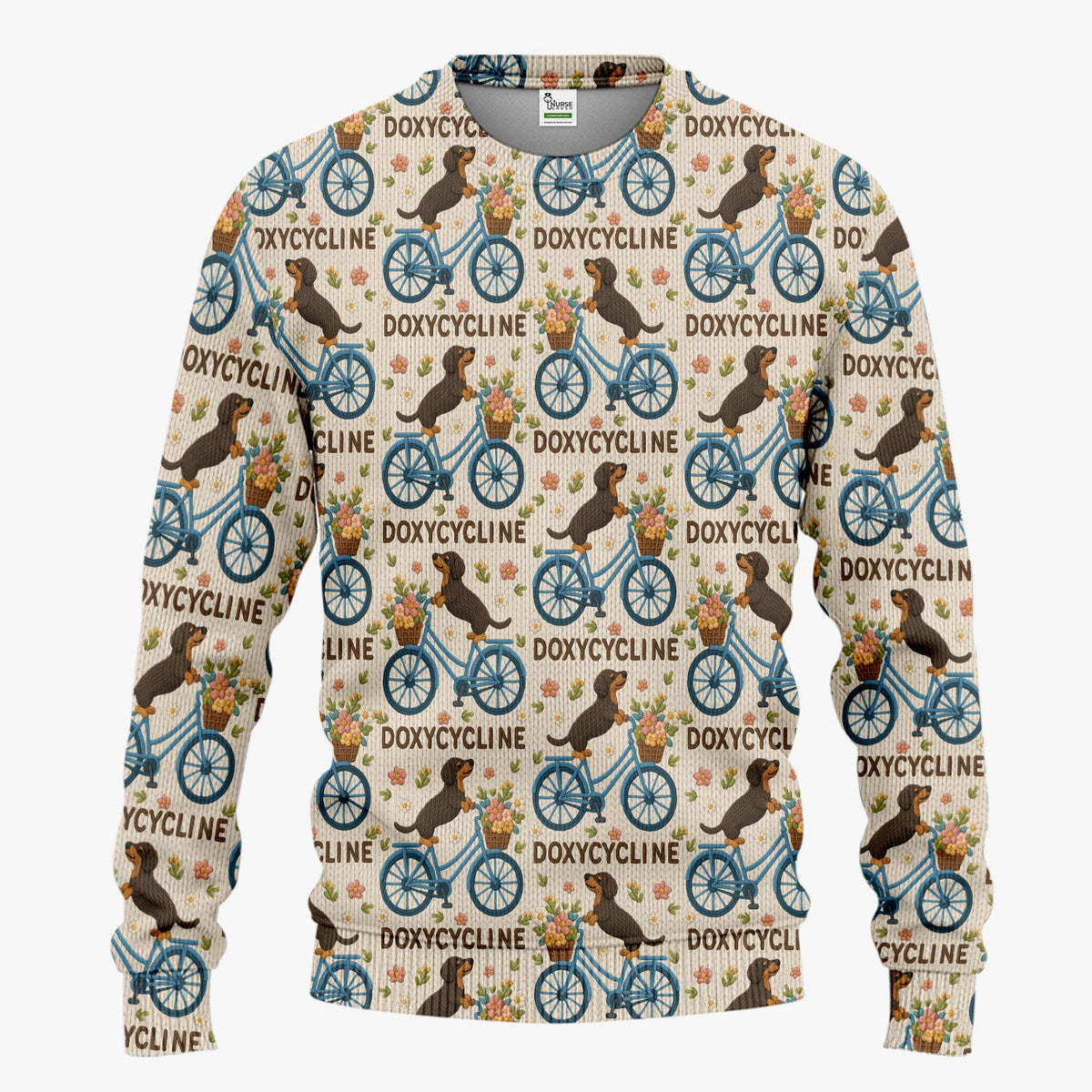 Doxycycline Pharmacy Pun Scrub Set - Dachshund on Bicycle Pharmacists Scrubs Pants and V Neck Top - Veterinary Technicians Gift