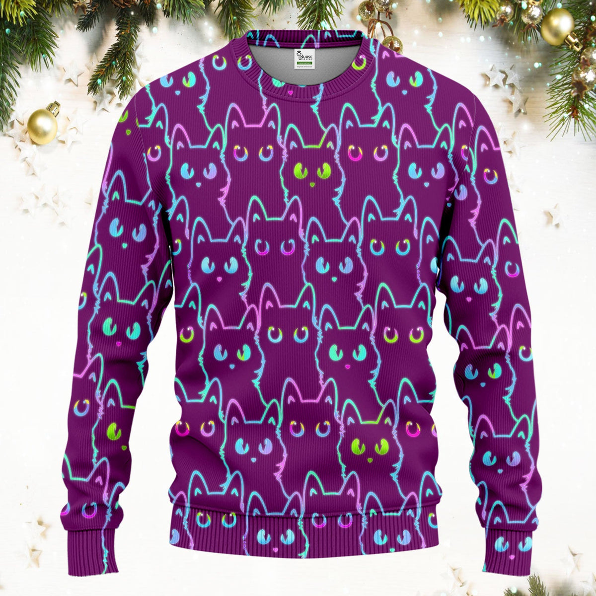 Neon Cat Pattern Scrub Set, Black Cat Scrub Shirt, Breathable Fabrics Nursing Uniform