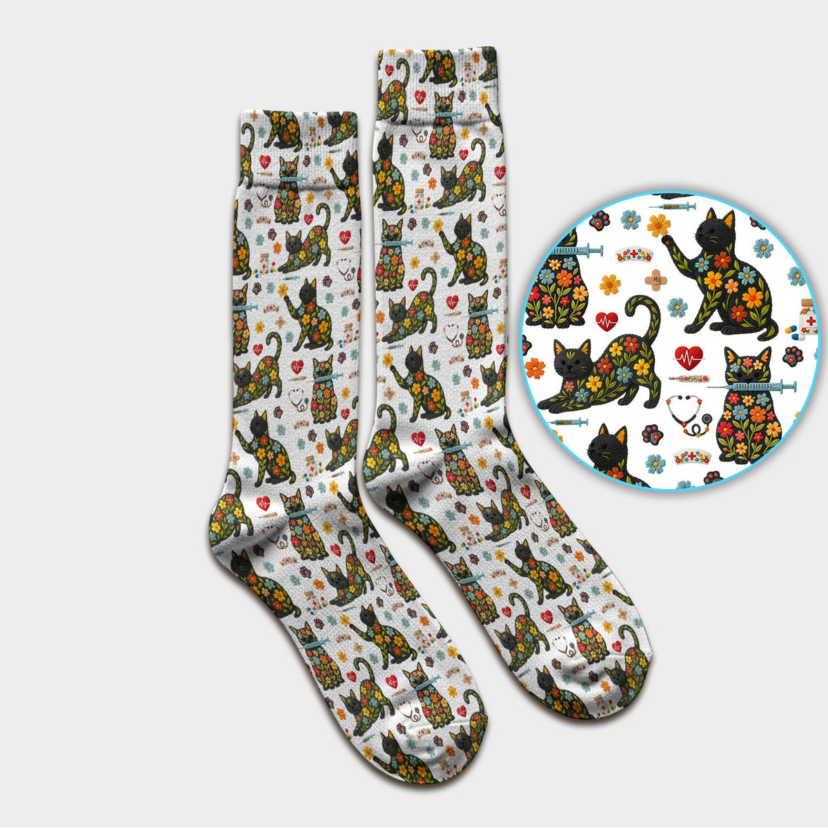 Floral Black Cat Nurse Socks