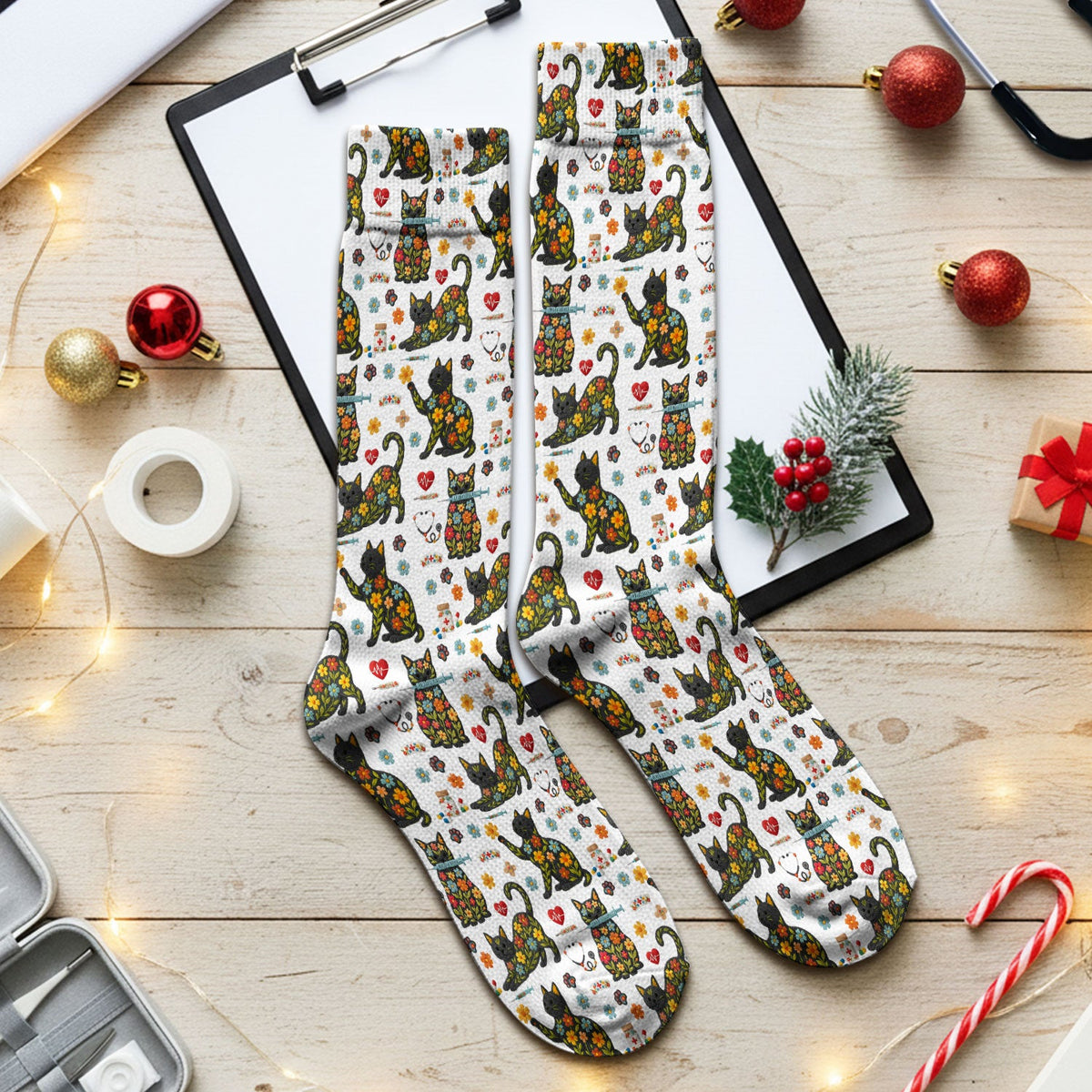 Floral Black Cat Nurse Socks