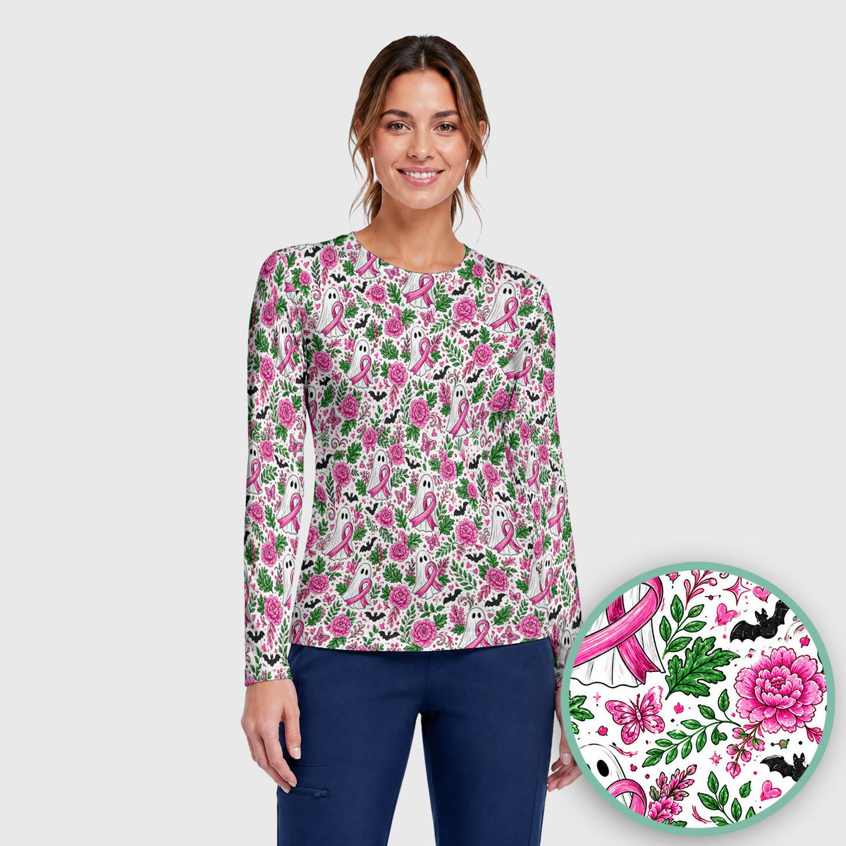 Breast Cancer Awareness Ghost Floral Underscrub Top