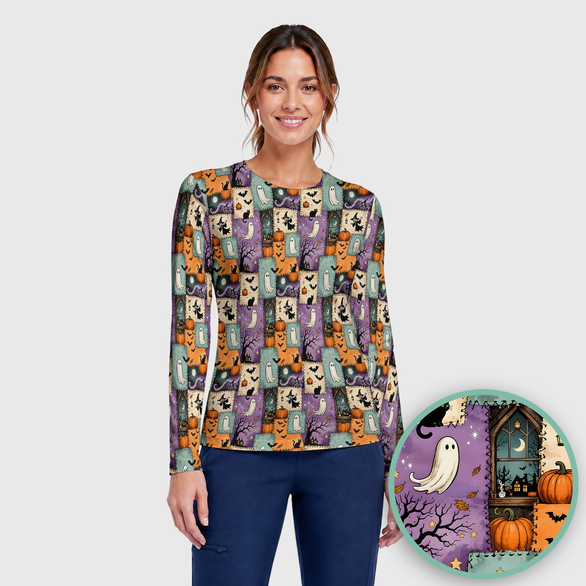 Patchwork Ghost Underscrub Top - Halloween Gift For Nurse