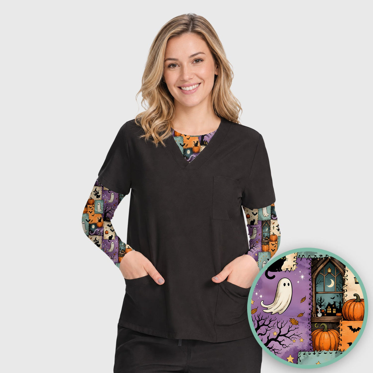 Patchwork Ghost Underscrub Top - Halloween Gift For Nurse