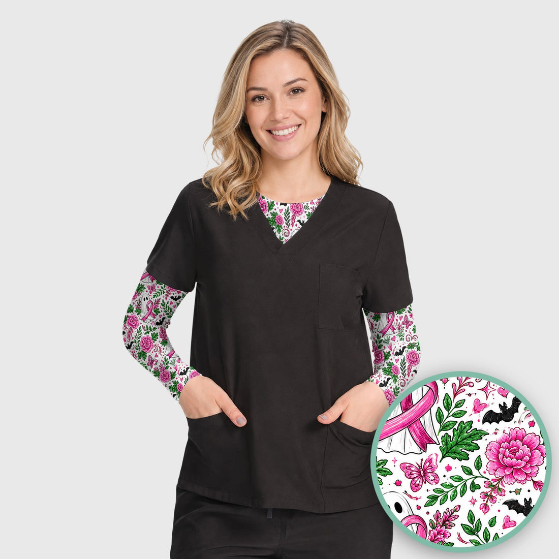Breast Cancer Awareness Ghost Floral Underscrub Top