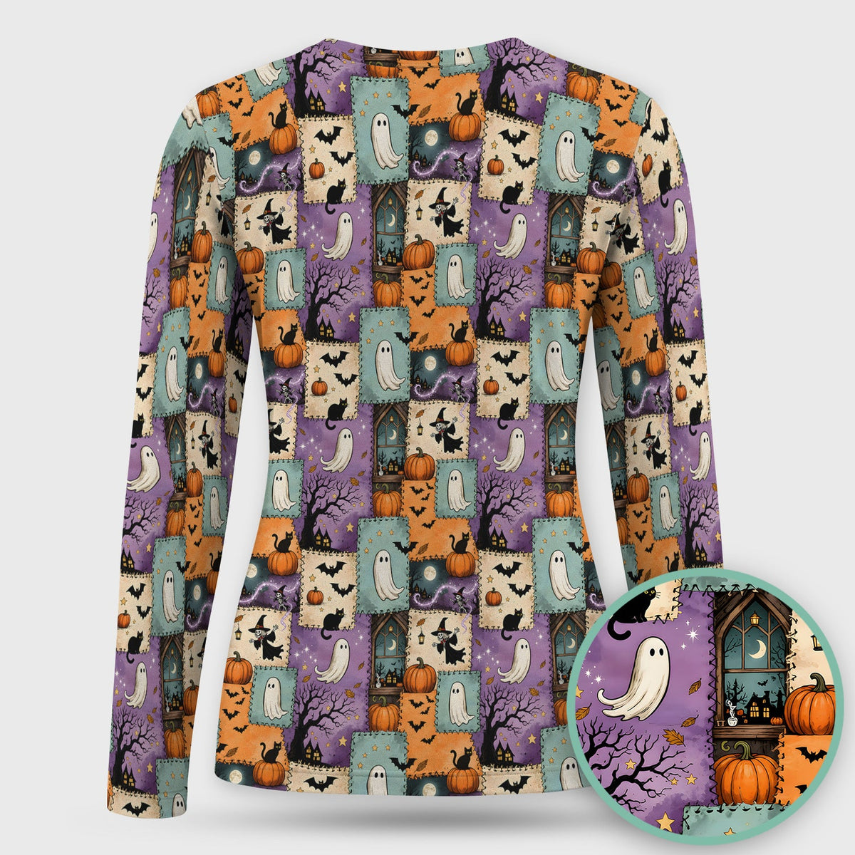 Patchwork Ghost Underscrub Top - Halloween Gift For Nurse