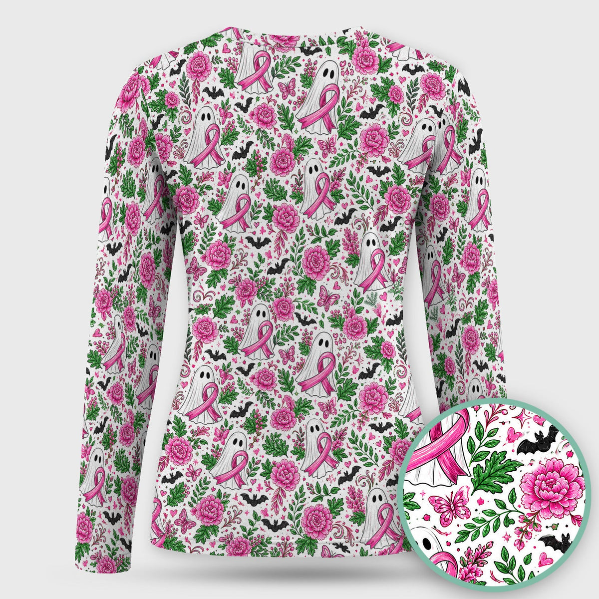 Breast Cancer Awareness Ghost Floral Underscrub Top