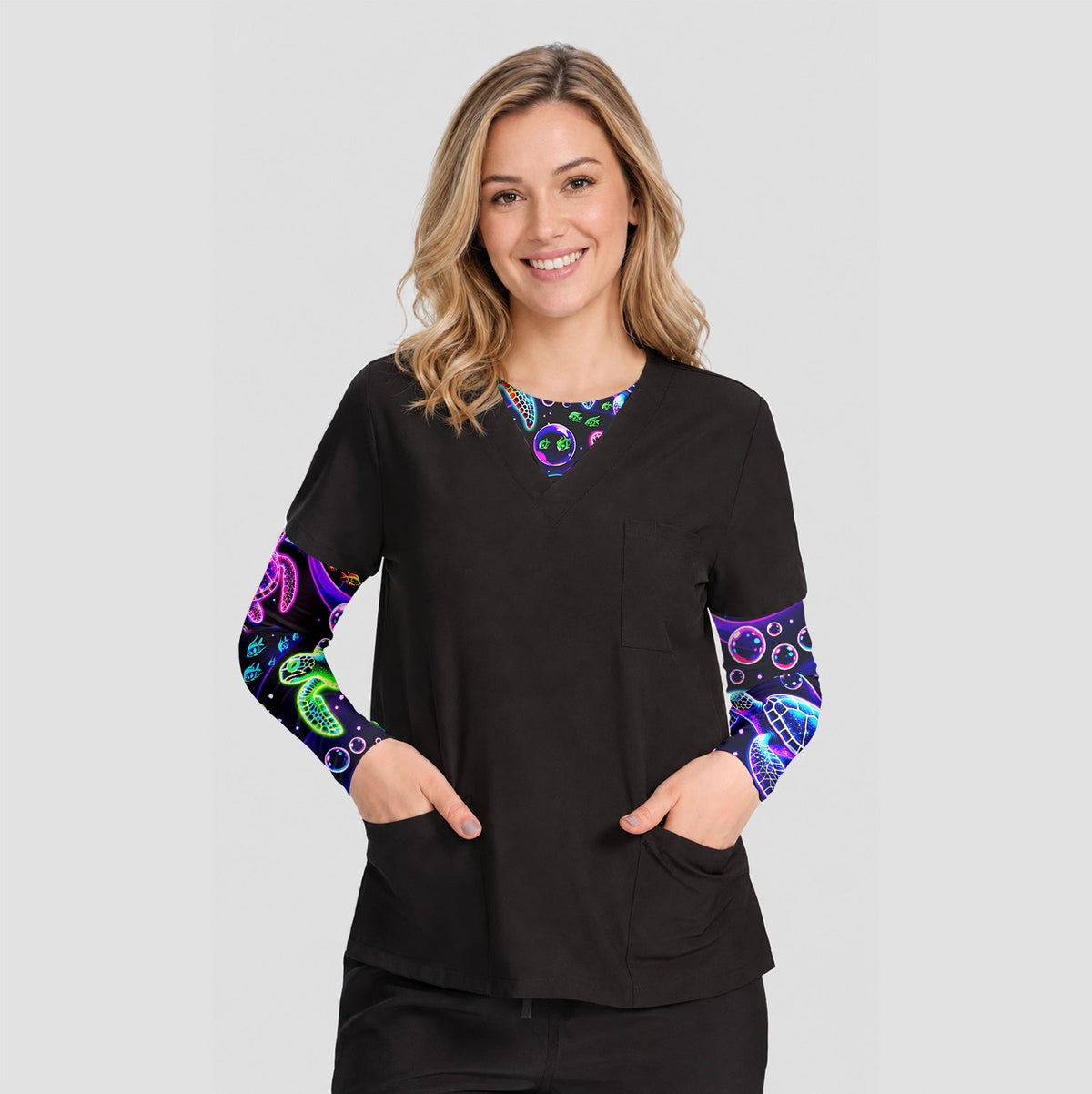 Neon Sea Turtle Bubble Nurse Underscrub Top