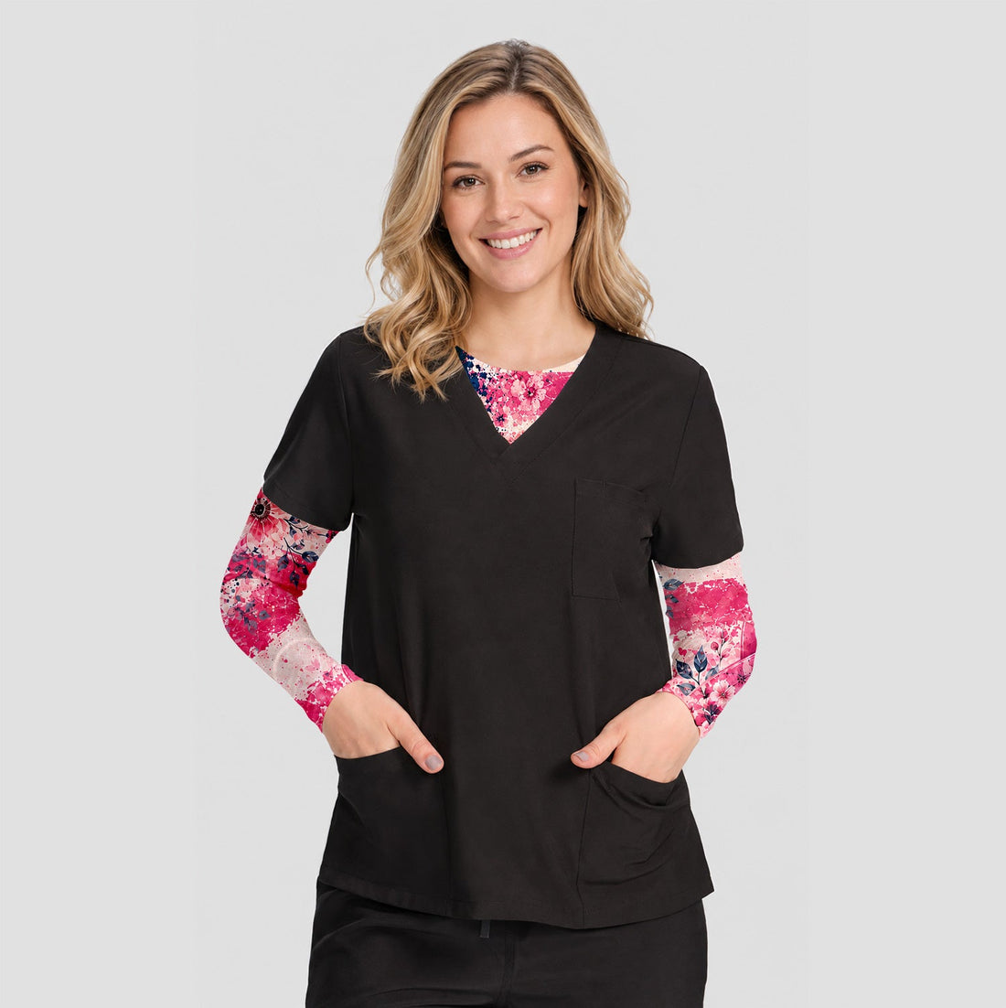 Breast Cancer Awareness Floral Ribbon Underscrub Top