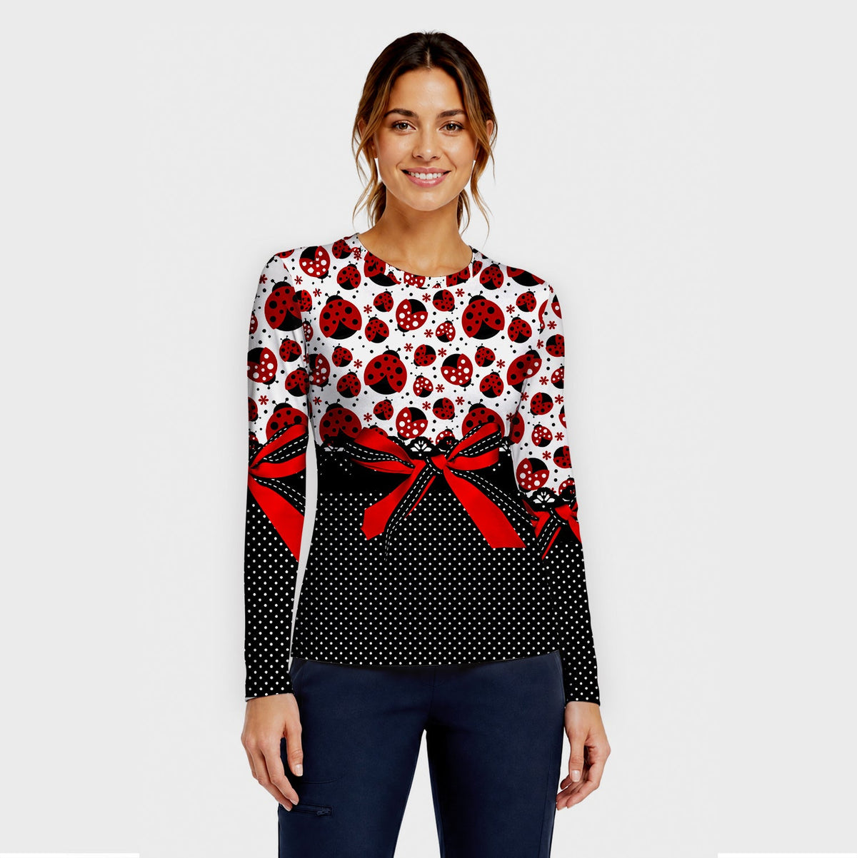 Ladybug Bow Polka Dot Underscrub Top
