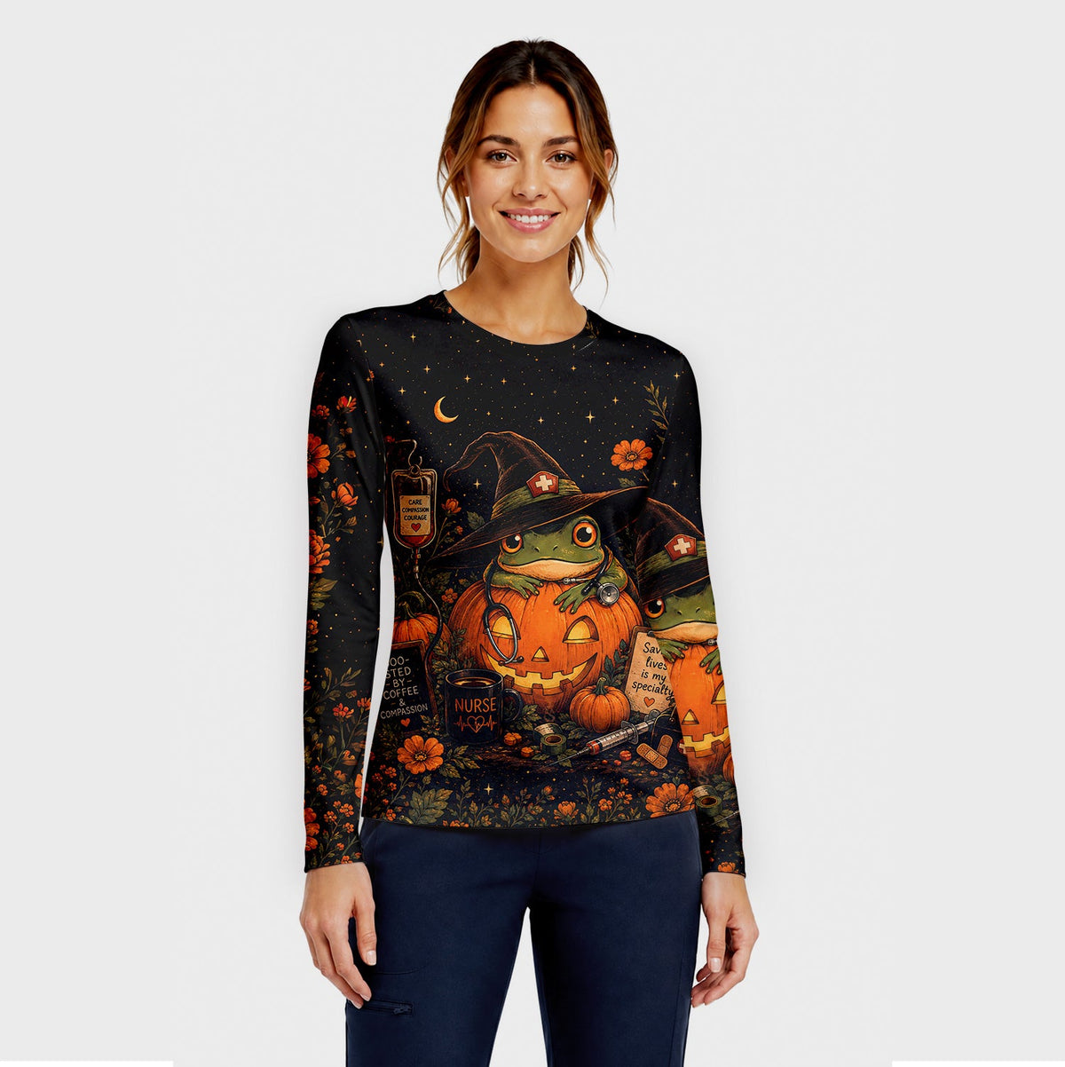 Witch Frog Pumpkin Underscrub Top - Halloween Gift For Nurse