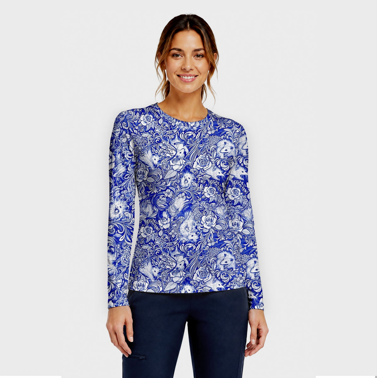 Blue Floral Opossum And Roses Underscrub Top