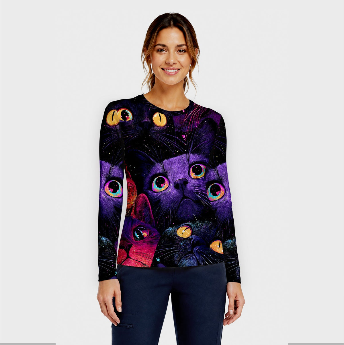 Colorful Neon Cat Faces Underscrub Top