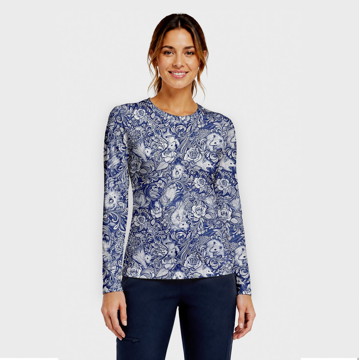 Blue Floral Opossum And Roses Underscrub Top