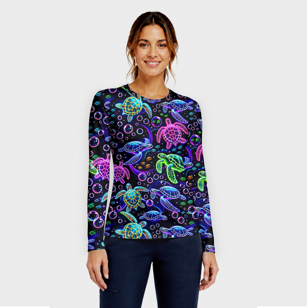 Neon Sea Turtle Bubble Nurse Underscrub Top