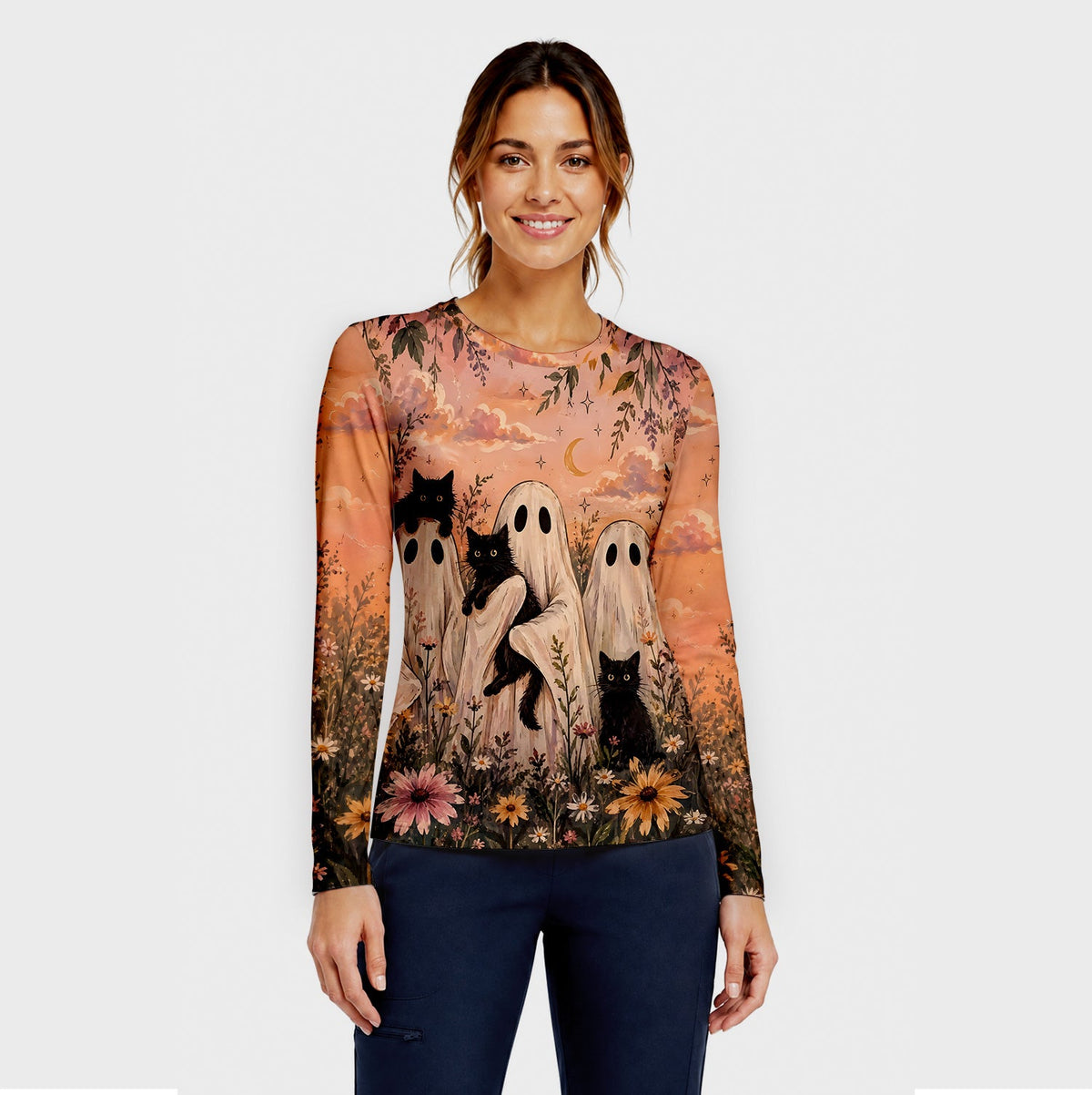 Ghosts Black Cats Underscrub Top - Halloween Gift For Nurse