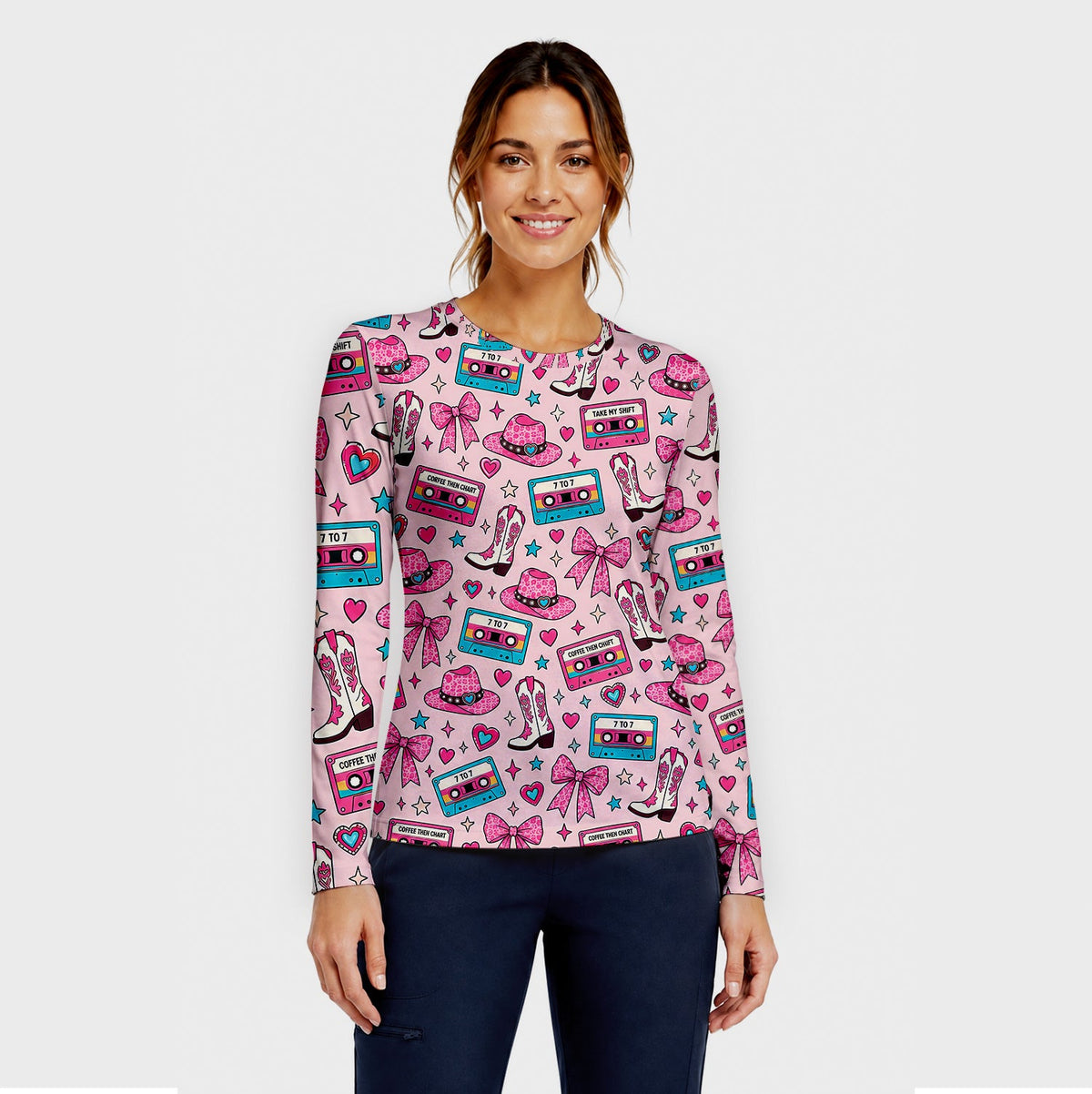 Coffee Then Chart Cowgirl Underscrub Top