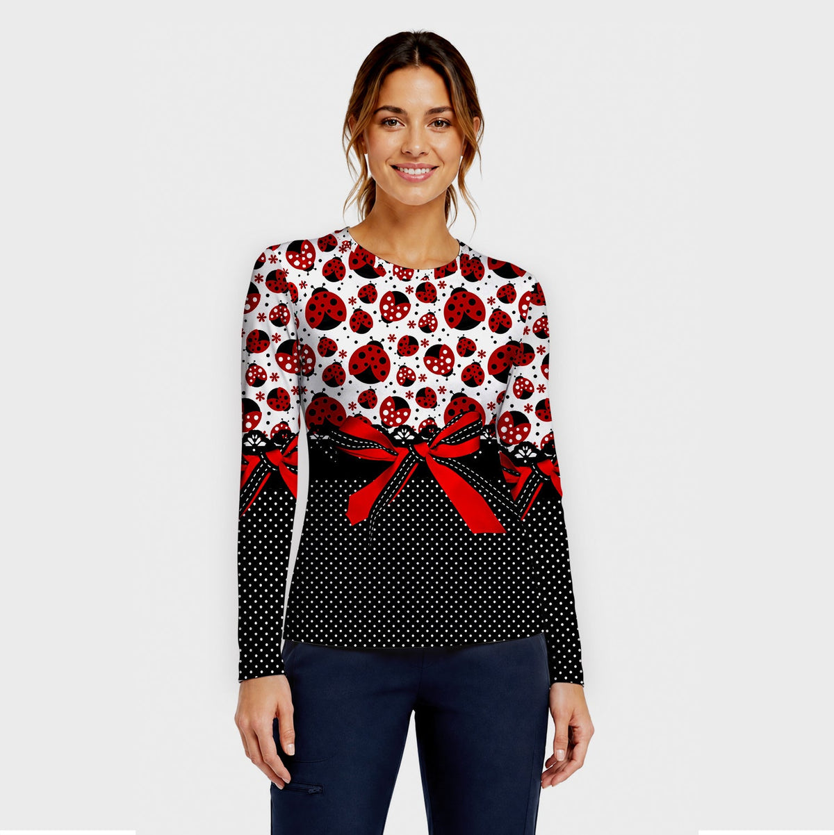 Ladybug Polka Dot Bow Underscrub Top