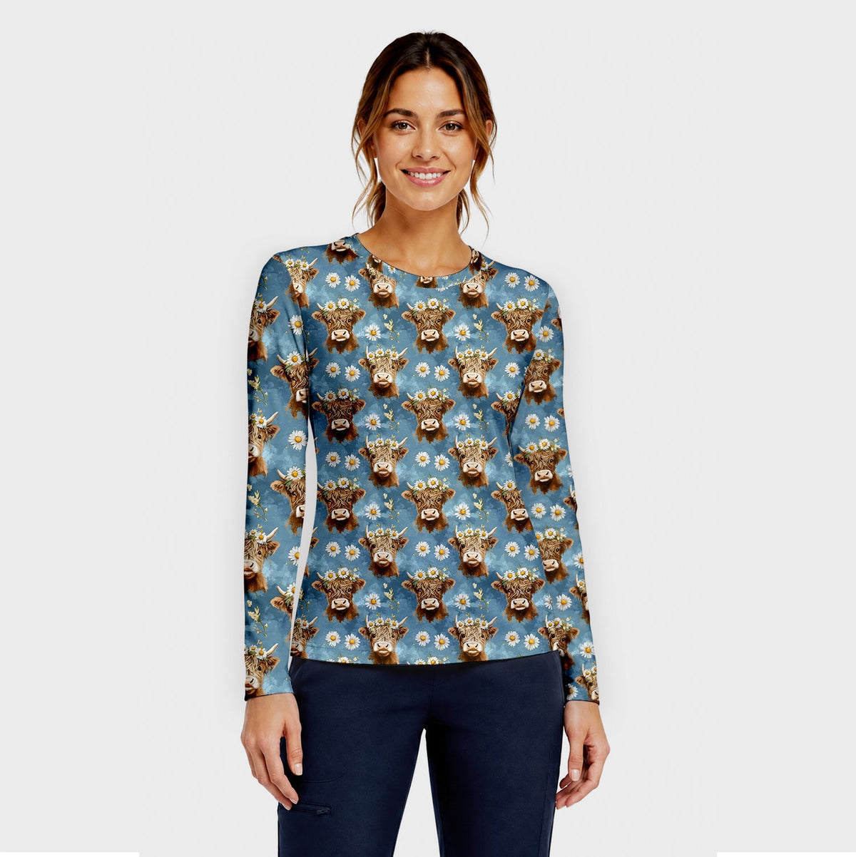 Highland Cow Daisies Underscrub Top For Nurse