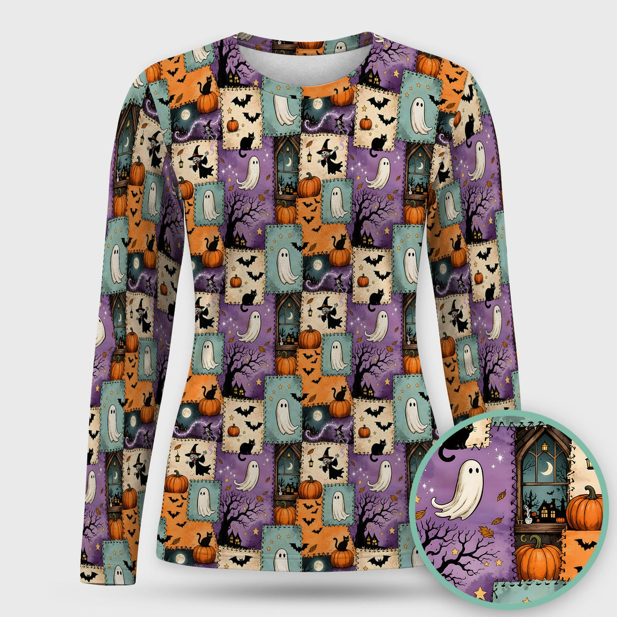 Patchwork Ghost Underscrub Top - Halloween Gift For Nurse
