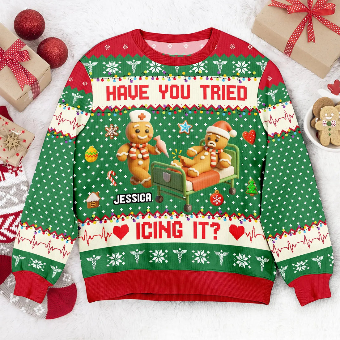 Personalized Gingerbread Ugly Christmas Sweater - Gift For Nurse