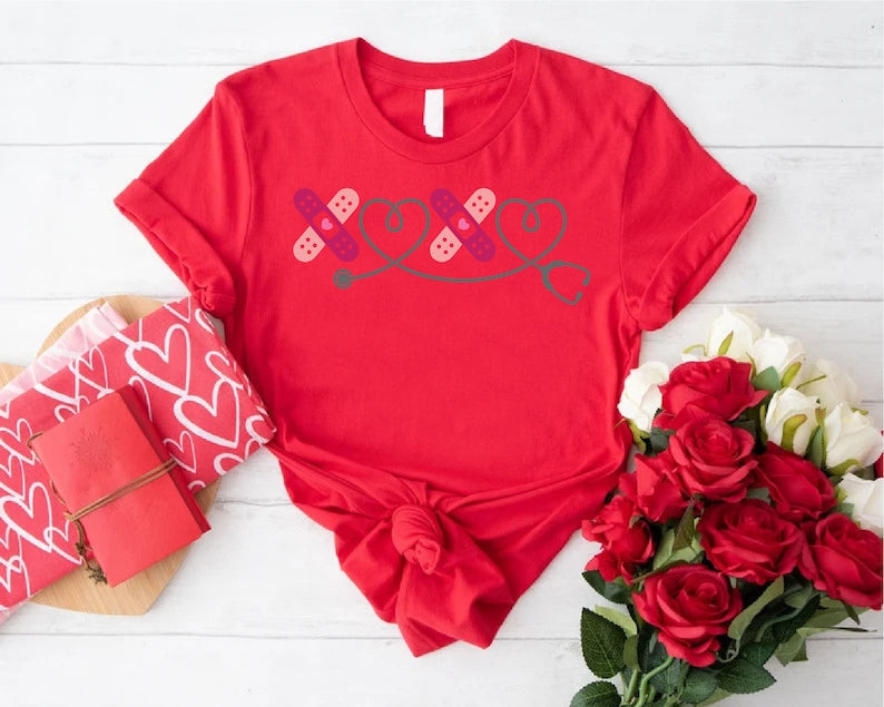 Bandage Heart Stethoscope Valentine Nurse Shirt