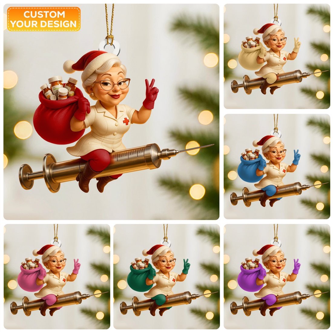 Personalized Santa Riding Syringe Nurse Ornament