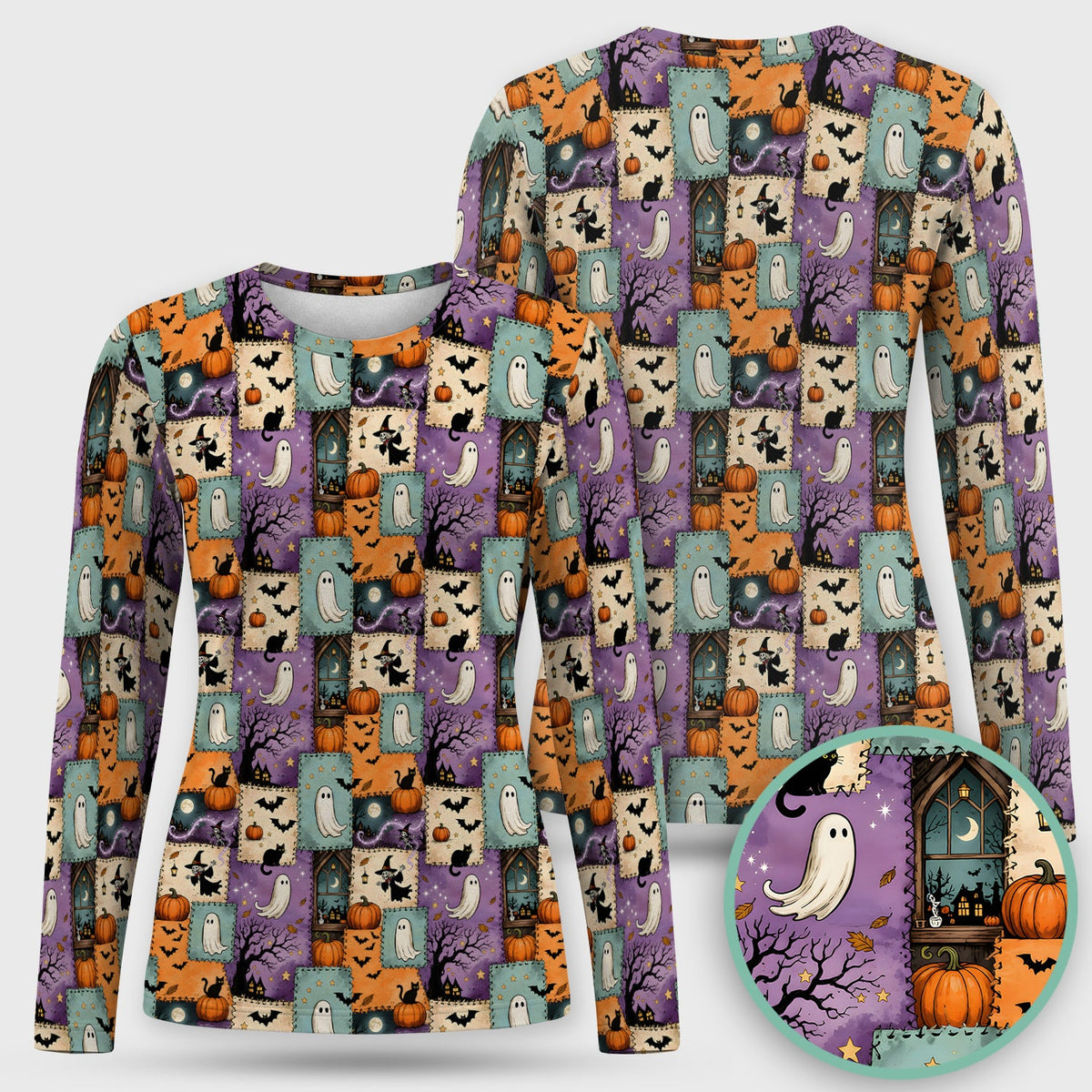 Patchwork Ghost Underscrub Top - Halloween Gift For Nurse